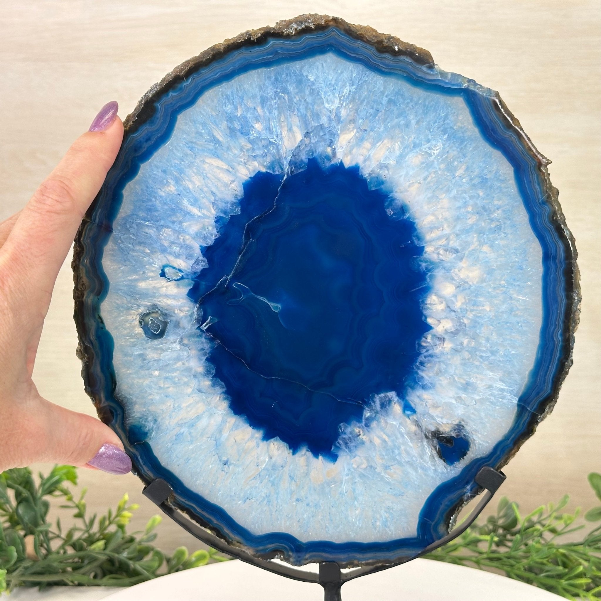 Brazilian Blue Agate Slice on a Metal Stand, 12.3" Tall #5055 - 0146 - Brazil GemsBrazil GemsBrazilian Blue Agate Slice on a Metal Stand, 12.3" Tall #5055 - 0146Slices on Fixed Bases5055 - 0146