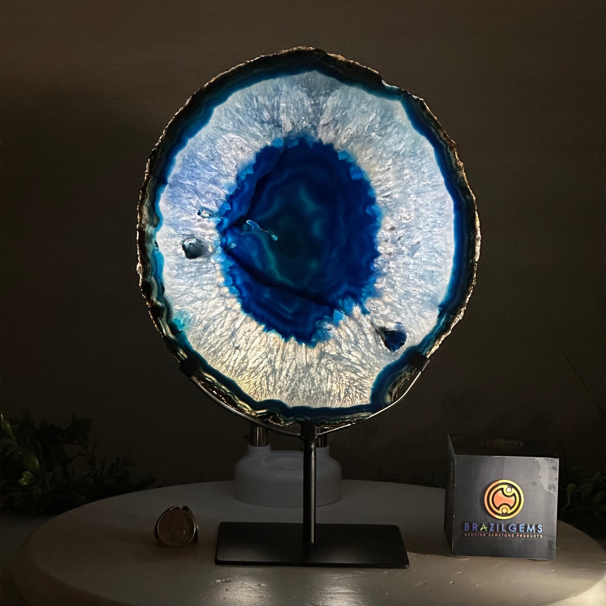 Brazilian Blue Agate Slice on a Metal Stand, 12.3" Tall #5055 - 0146 - Brazil GemsBrazil GemsBrazilian Blue Agate Slice on a Metal Stand, 12.3" Tall #5055 - 0146Slices on Fixed Bases5055 - 0146