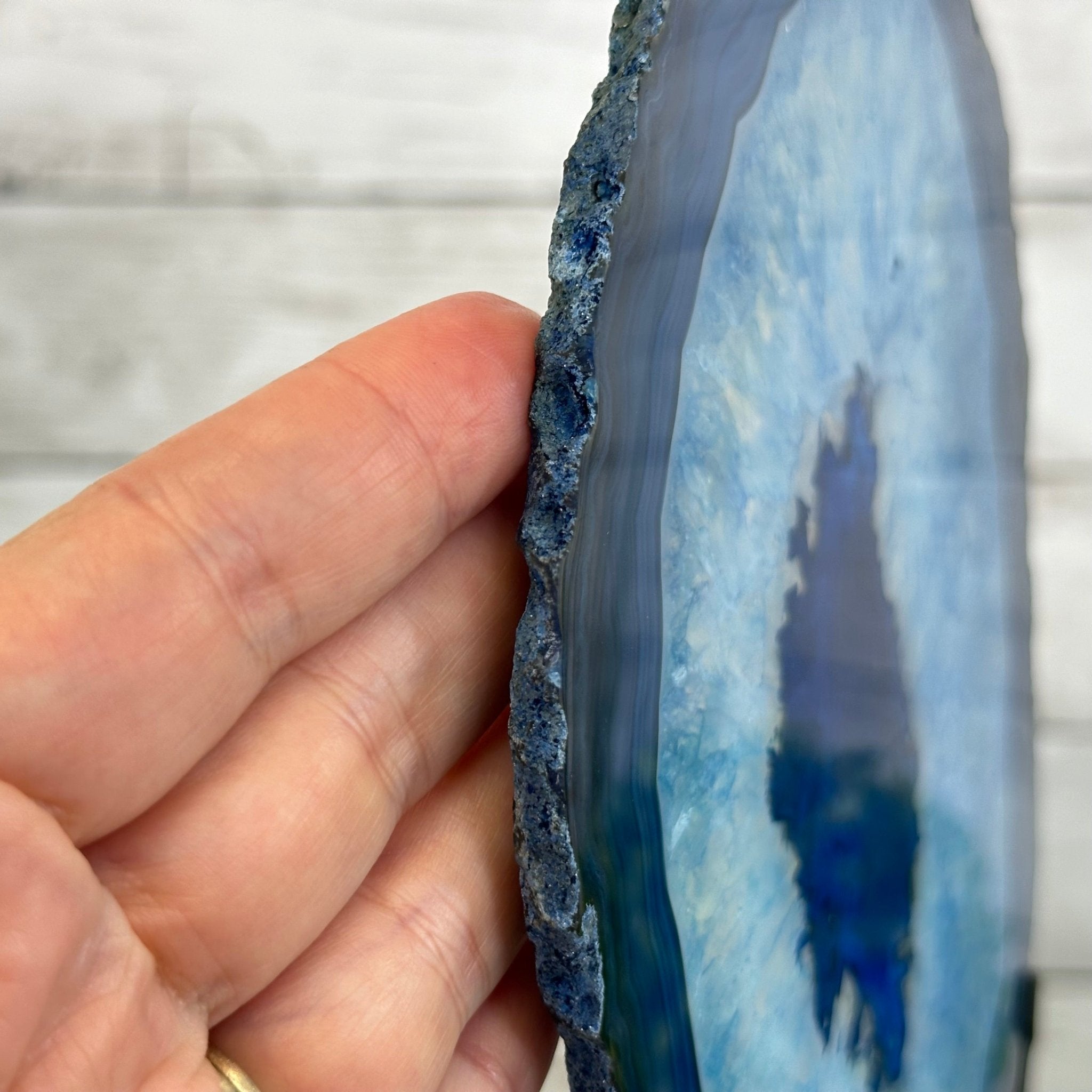 Brazilian Blue Agate Slice on a Metal Stand, 12.5" Tall #5055-0138 - Brazil GemsBrazil GemsBrazilian Blue Agate Slice on a Metal Stand, 12.5" Tall #5055-0138Slices on Fixed Bases5055-0138