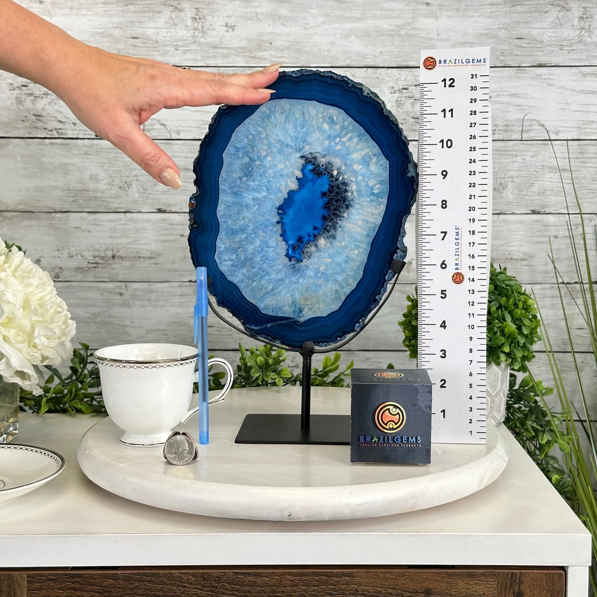 Brazilian Blue Agate Slice on a Metal Stand, 12.5" Tall #5055-0138 - Brazil GemsBrazil GemsBrazilian Blue Agate Slice on a Metal Stand, 12.5" Tall #5055-0138Slices on Fixed Bases5055-0138