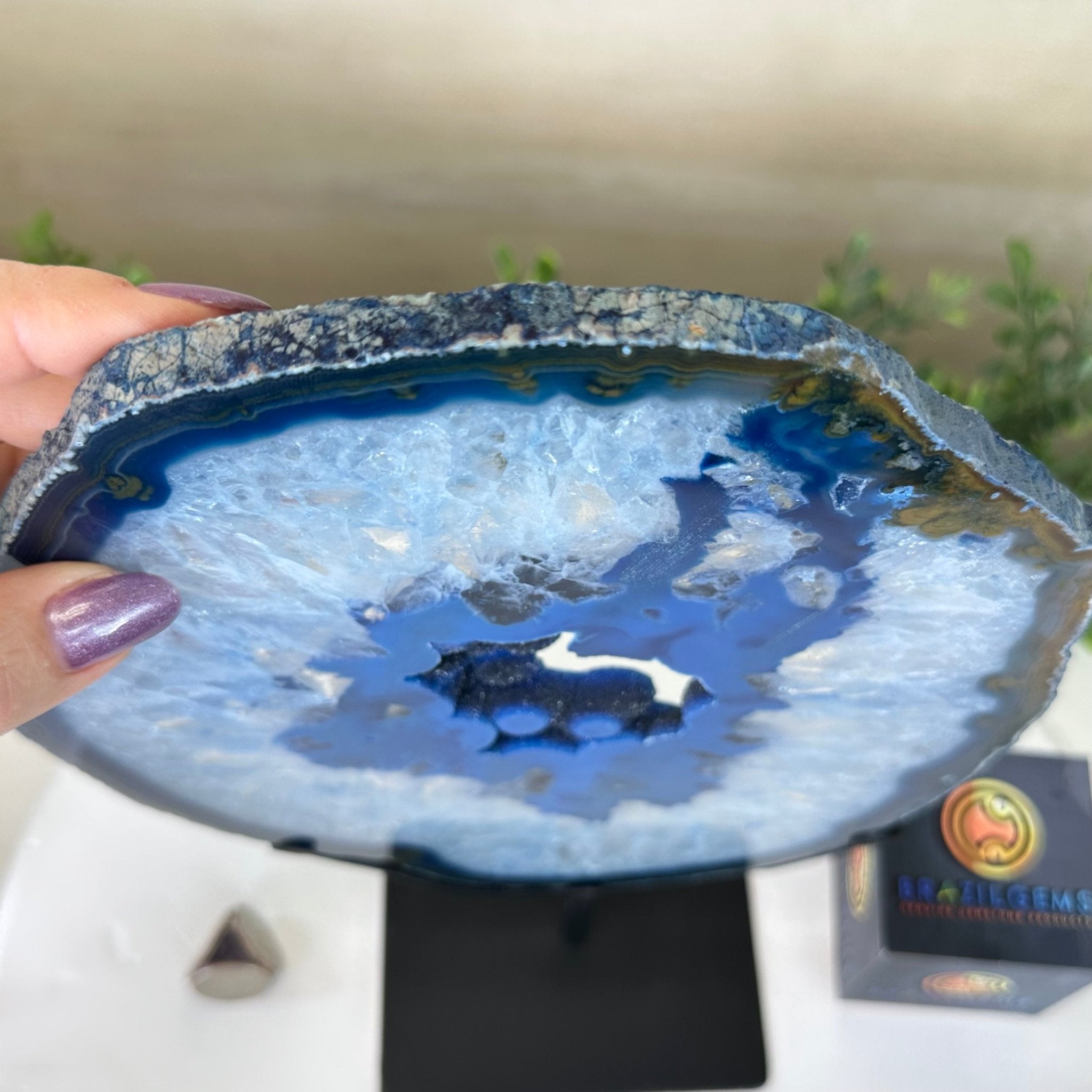 Brazilian Blue Agate Slice on a Metal Stand, 12.5" Tall #5055 - 0152 - Brazil GemsBrazil GemsBrazilian Blue Agate Slice on a Metal Stand, 12.5" Tall #5055 - 0152Slices on Fixed Bases5055 - 0152