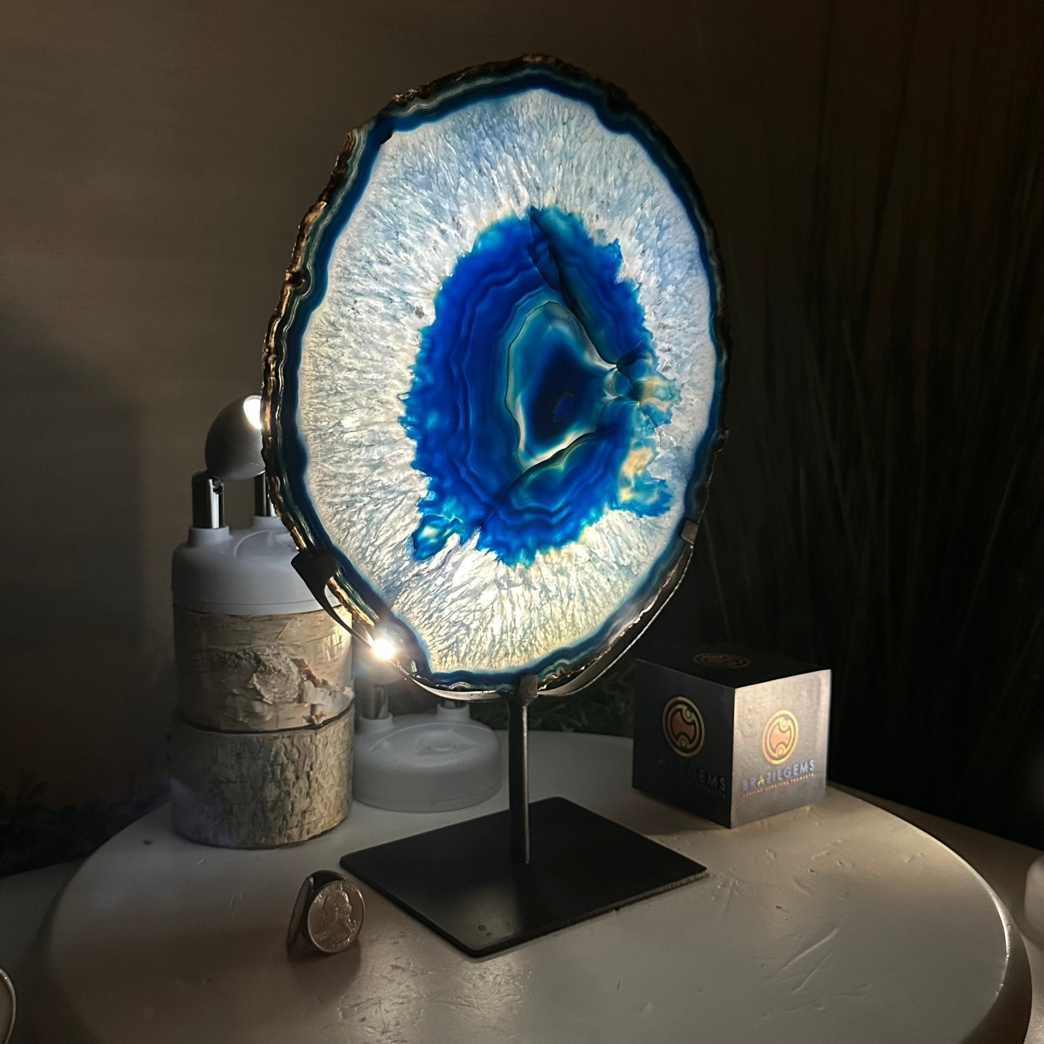 Brazilian Blue Agate Slice on a Metal Stand, 12.5" Tall #5055 - 0153 - Brazil GemsBrazil GemsBrazilian Blue Agate Slice on a Metal Stand, 12.5" Tall #5055 - 0153Slices on Fixed Bases5055 - 0153