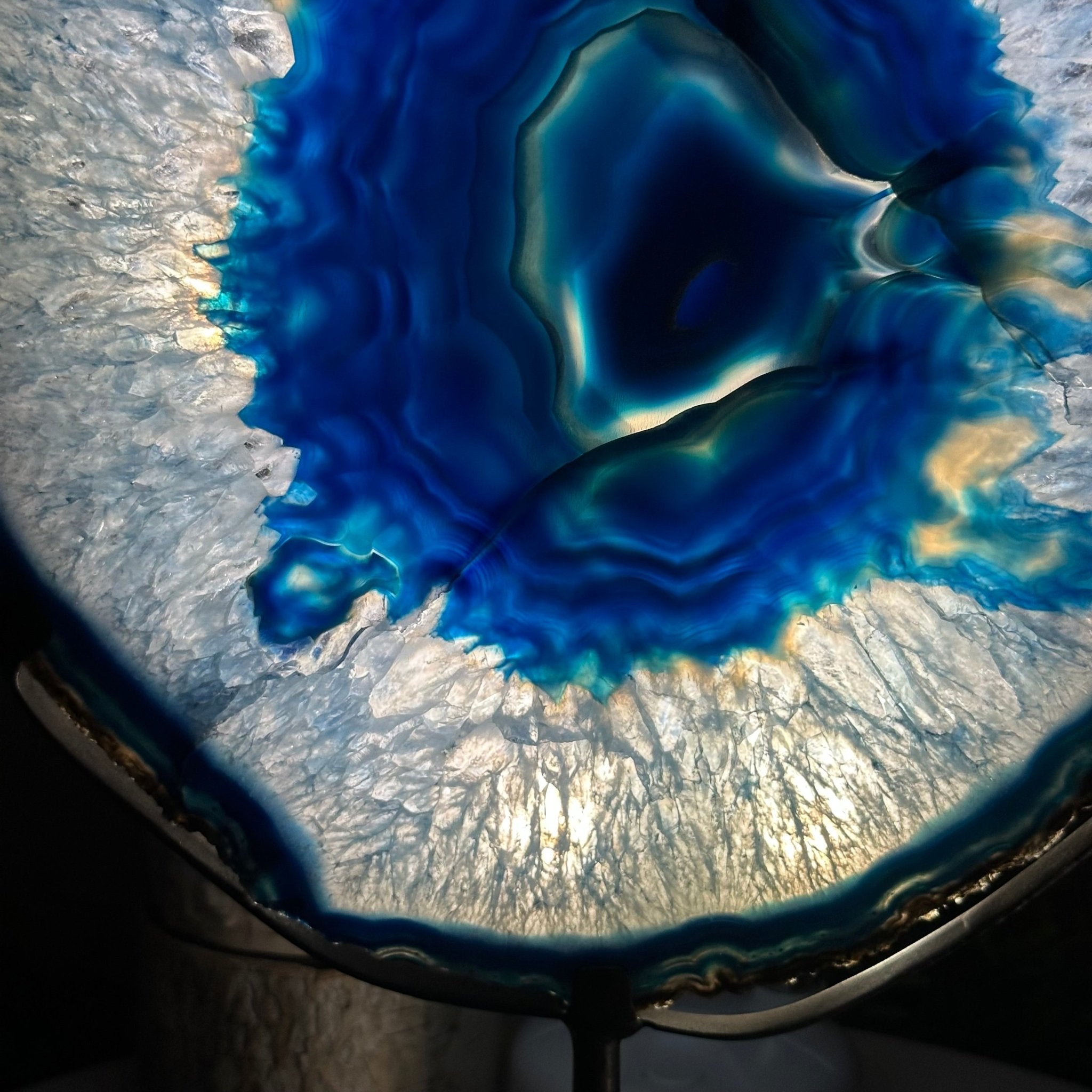 Brazilian Blue Agate Slice on a Metal Stand, 12.5" Tall #5055 - 0153 - Brazil GemsBrazil GemsBrazilian Blue Agate Slice on a Metal Stand, 12.5" Tall #5055 - 0153Slices on Fixed Bases5055 - 0153