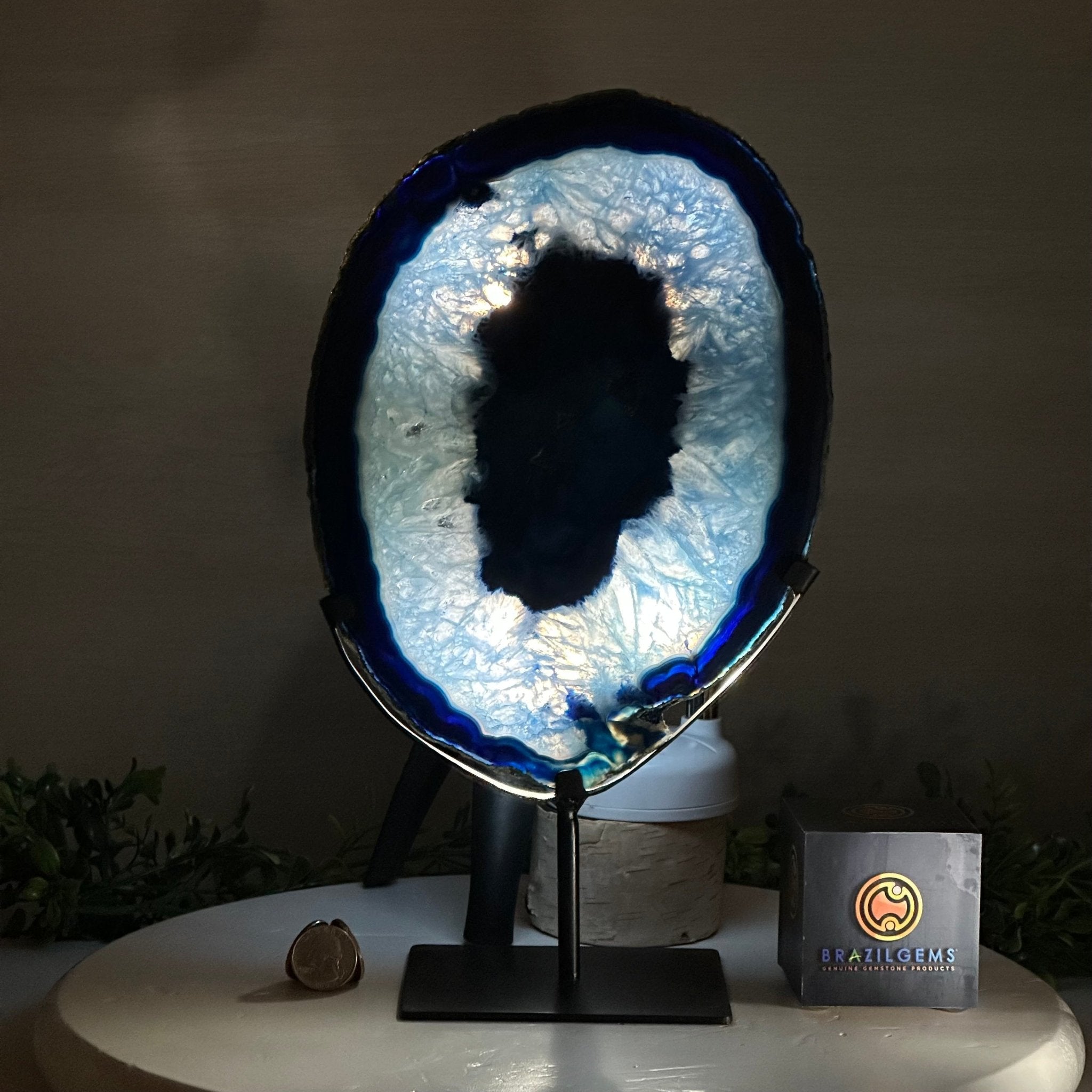 Brazilian Blue Agate Slice on a Metal Stand, 13" Tall #5055 - 0154 - Brazil GemsBrazil GemsBrazilian Blue Agate Slice on a Metal Stand, 13" Tall #5055 - 0154Slices on Fixed Bases5055 - 0154