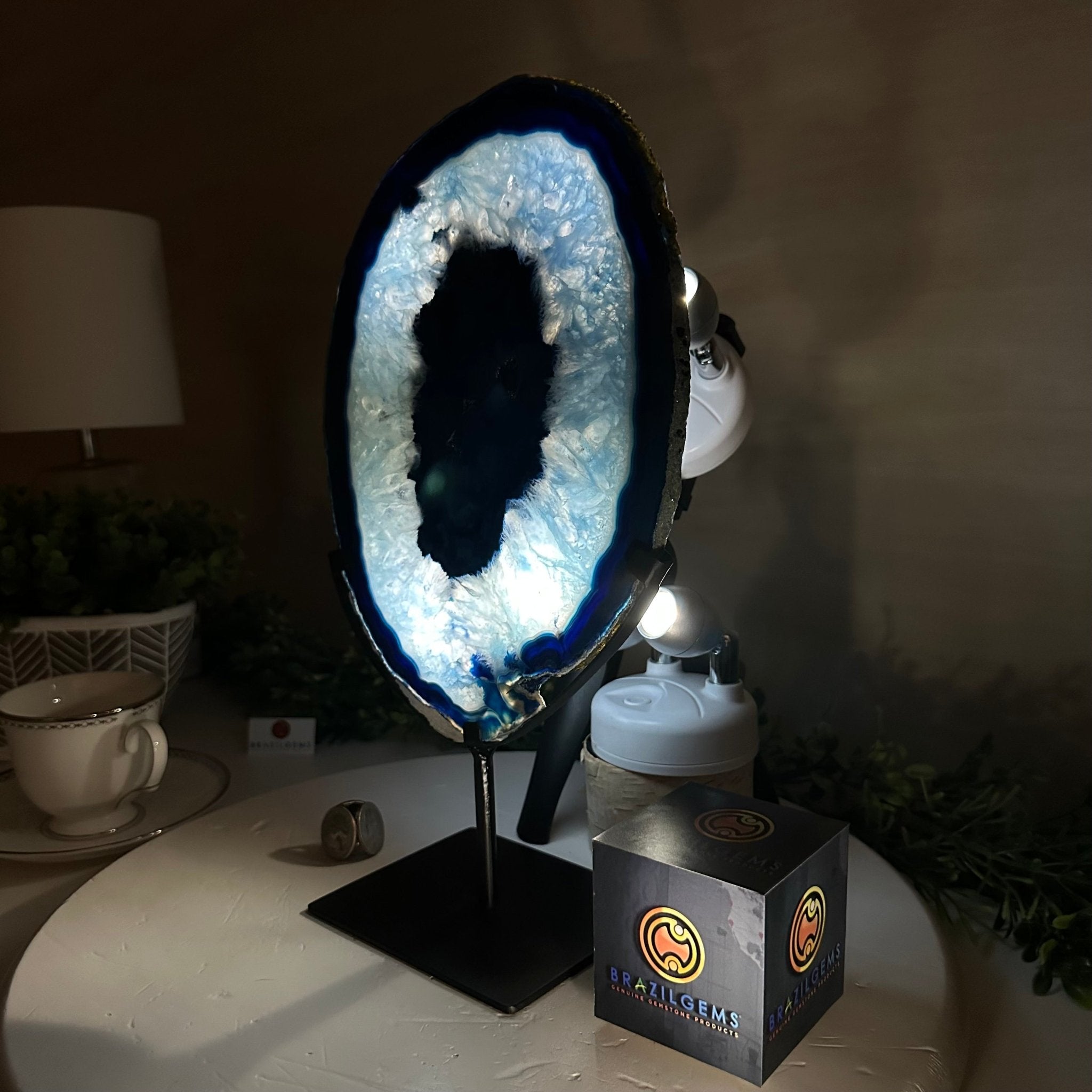 Brazilian Blue Agate Slice on a Metal Stand, 13" Tall #5055 - 0154 - Brazil GemsBrazil GemsBrazilian Blue Agate Slice on a Metal Stand, 13" Tall #5055 - 0154Slices on Fixed Bases5055 - 0154