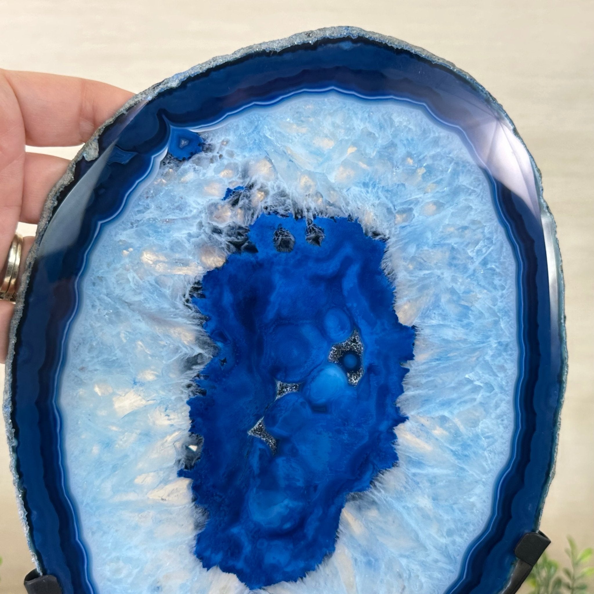 Brazilian Blue Agate Slice on a Metal Stand, 13" Tall #5055 - 0154 - Brazil GemsBrazil GemsBrazilian Blue Agate Slice on a Metal Stand, 13" Tall #5055 - 0154Slices on Fixed Bases5055 - 0154