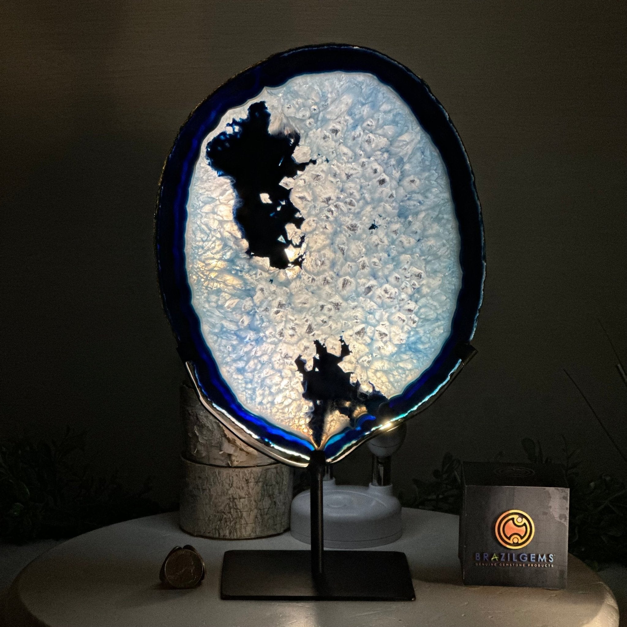 Brazilian Blue Agate Slice on a Metal Stand, 13.2" Tall #5055 - 0151 - Brazil GemsBrazil GemsBrazilian Blue Agate Slice on a Metal Stand, 13.2" Tall #5055 - 0151Slices on Fixed Bases5055 - 0151