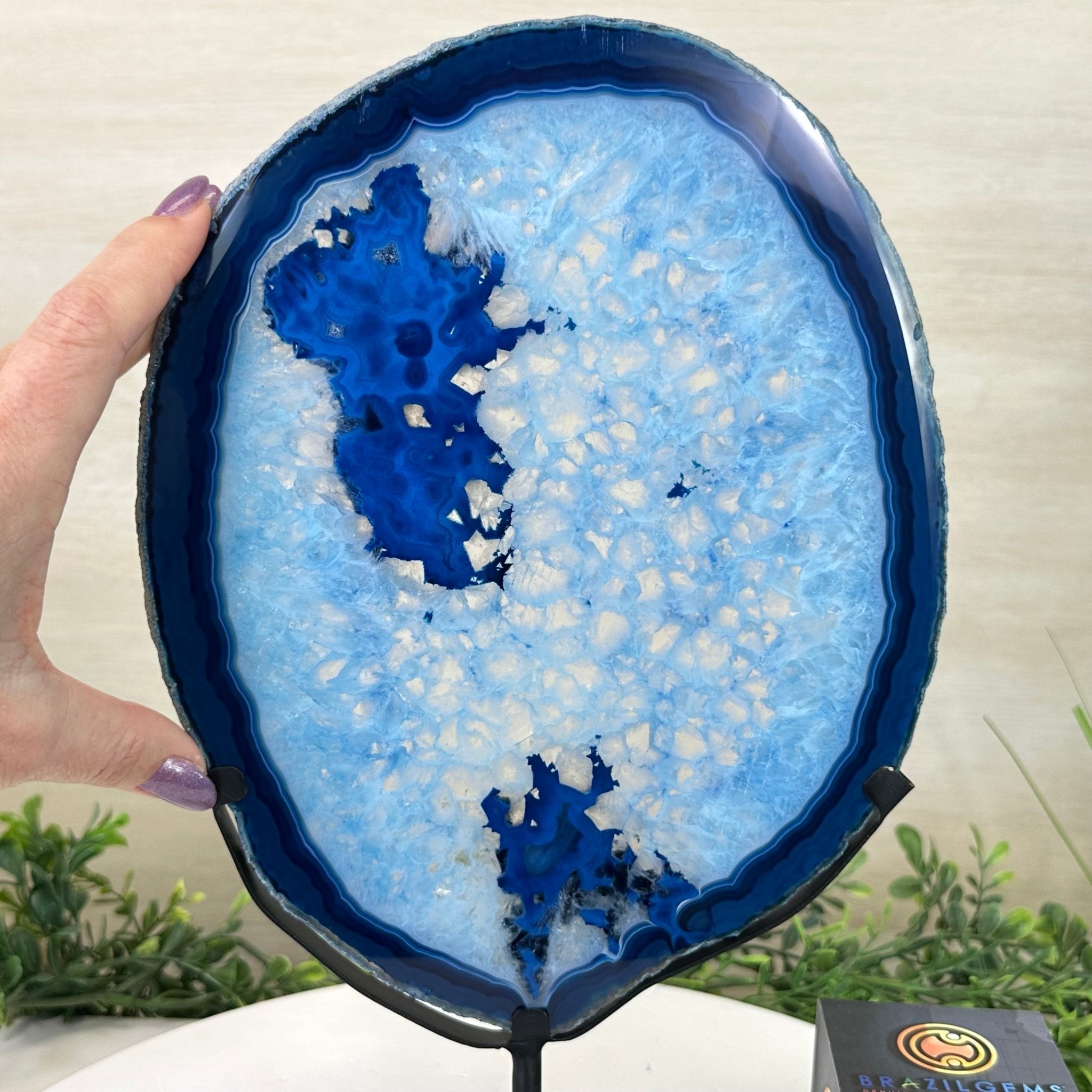 Brazilian Blue Agate Slice on a Metal Stand, 13.2" Tall #5055 - 0151 - Brazil GemsBrazil GemsBrazilian Blue Agate Slice on a Metal Stand, 13.2" Tall #5055 - 0151Slices on Fixed Bases5055 - 0151