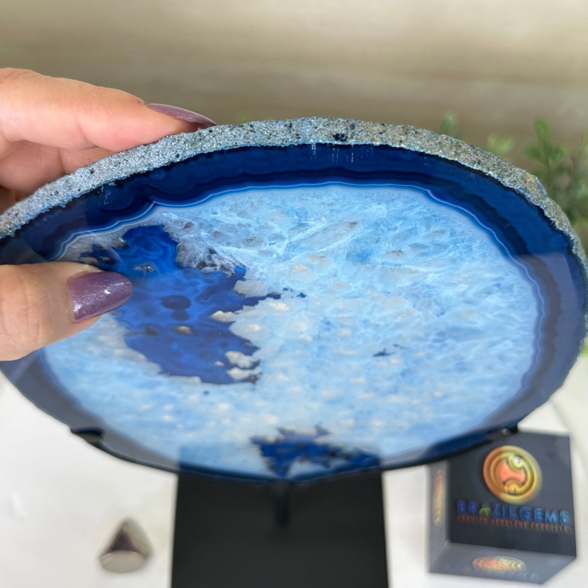 Brazilian Blue Agate Slice on a Metal Stand, 13.2" Tall #5055 - 0151 - Brazil GemsBrazil GemsBrazilian Blue Agate Slice on a Metal Stand, 13.2" Tall #5055 - 0151Slices on Fixed Bases5055 - 0151