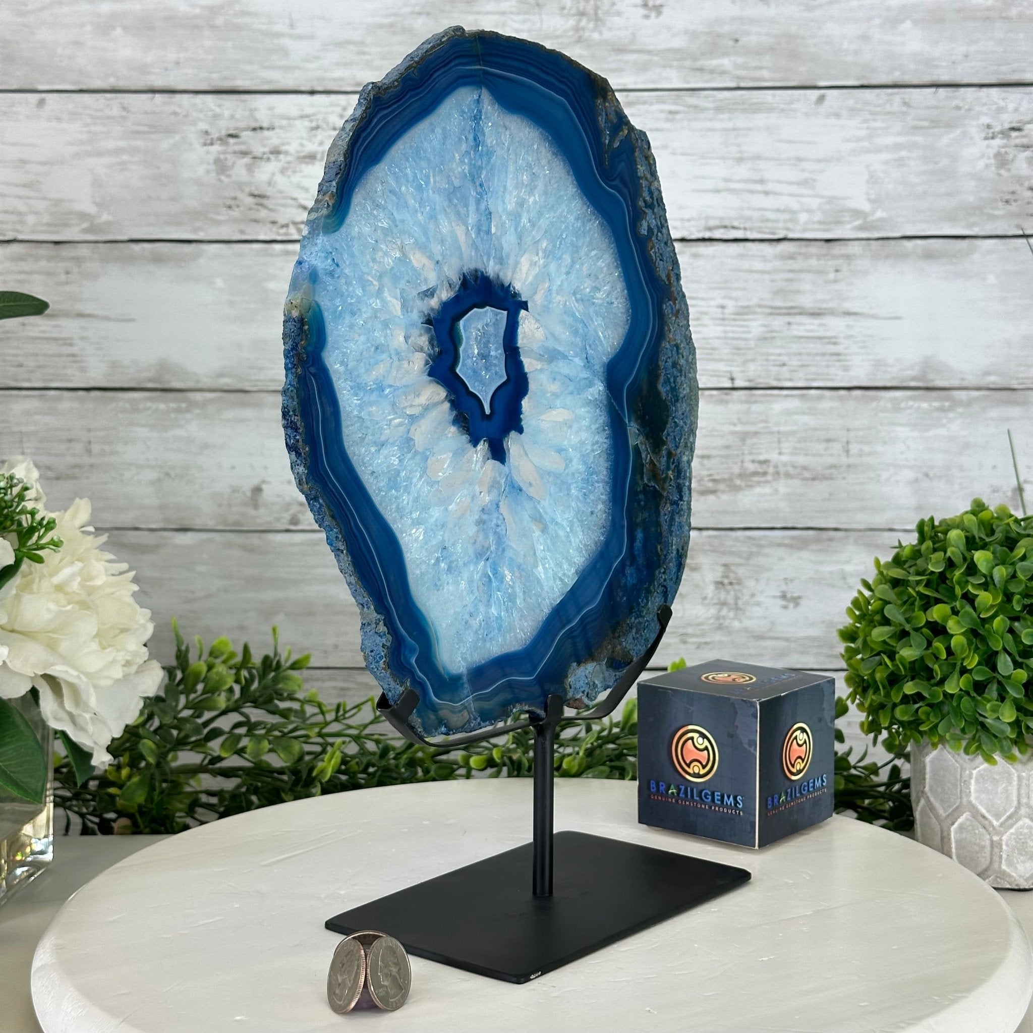 Brazilian Blue Agate Slice on a Metal Stand, 13.3" Tall Model #5055-0159 - Brazil GemsBrazil GemsBrazilian Blue Agate Slice on a Metal Stand, 13.3" Tall Model #5055-0159Slices on Fixed Bases5055-0159