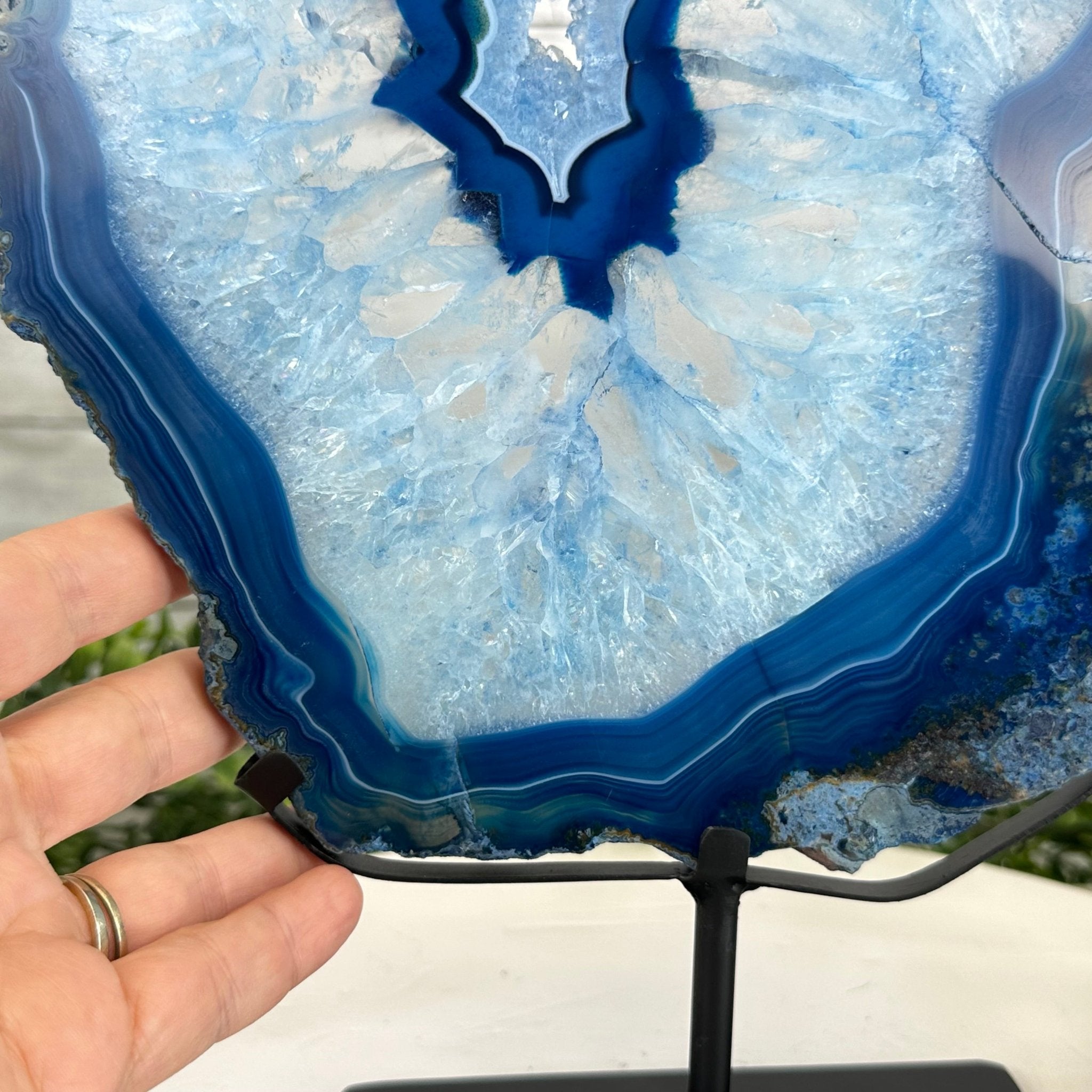 Brazilian Blue Agate Slice on a Metal Stand, 13.3" Tall Model #5055-0159 - Brazil GemsBrazil GemsBrazilian Blue Agate Slice on a Metal Stand, 13.3" Tall Model #5055-0159Slices on Fixed Bases5055-0159