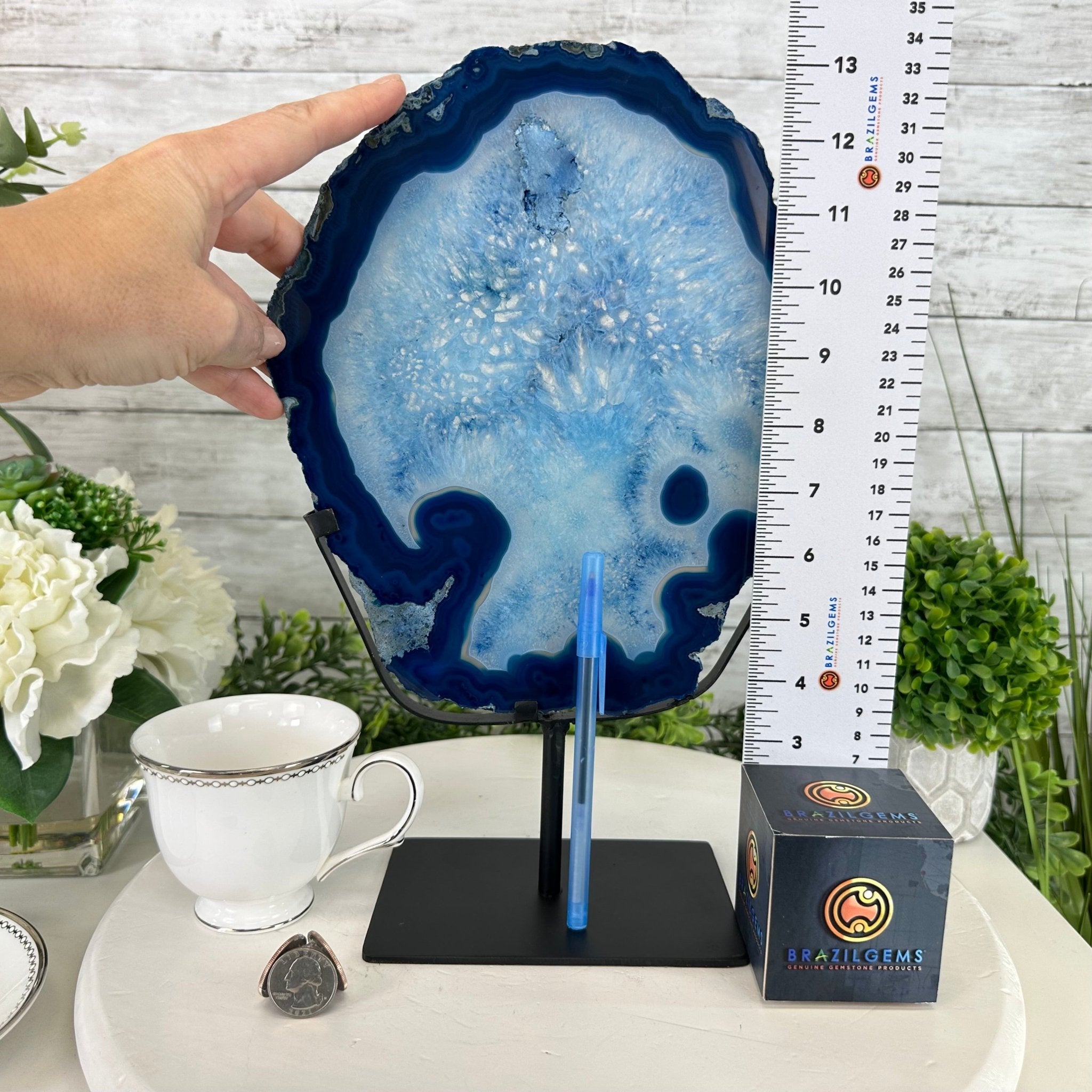 Brazilian Blue Agate Slice on a Metal Stand, 13.5" Tall Model #5055-0197 - Brazil GemsBrazil GemsBrazilian Blue Agate Slice on a Metal Stand, 13.5" Tall Model #5055-0197Slices on Fixed Bases5055-0197