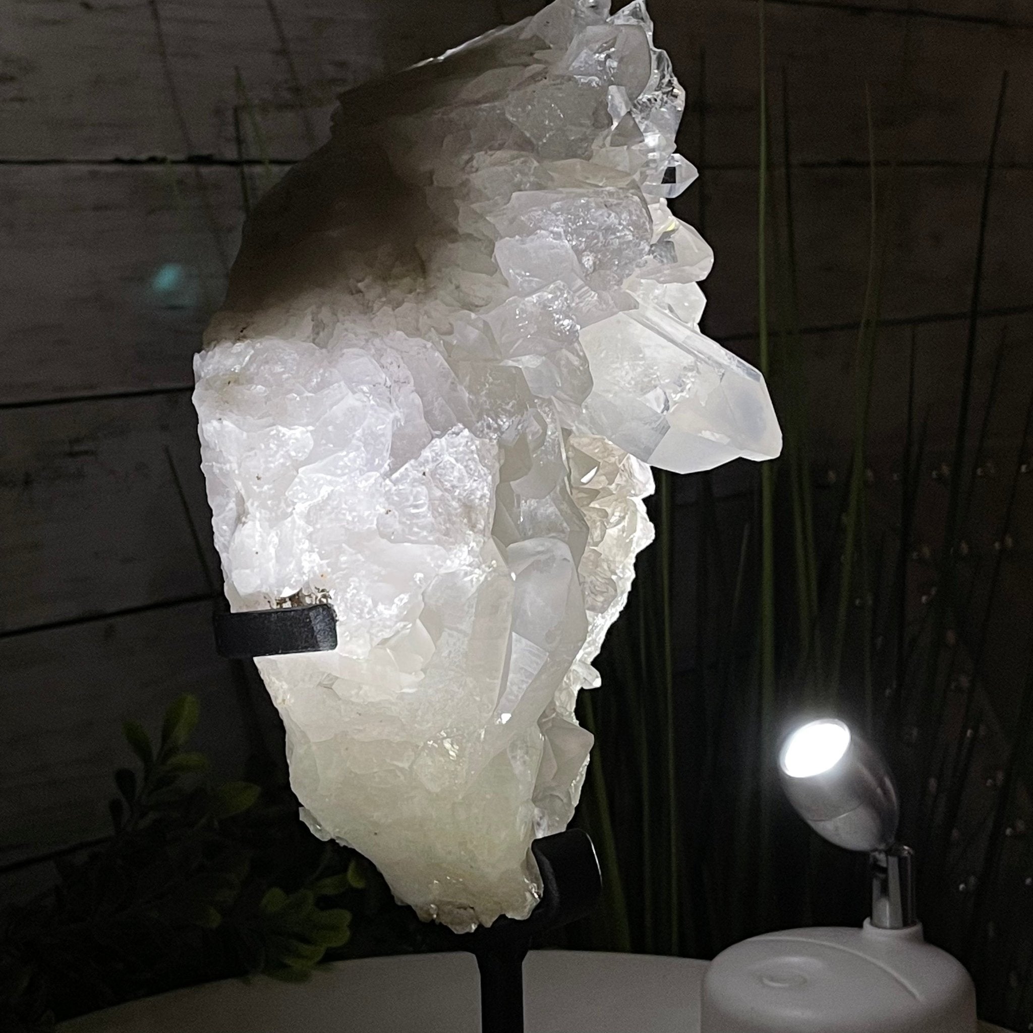 Brazilian Clear Quartz Crystal Cluster, metal base, 7 lbs & 11.5" Tall Model #5495-0029 by Brazil Gems - Brazil GemsBrazil GemsBrazilian Clear Quartz Crystal Cluster, metal base, 7 lbs & 11.5" Tall Model #5495-0029 by Brazil GemsClusters on Fixed Bases5495-0029