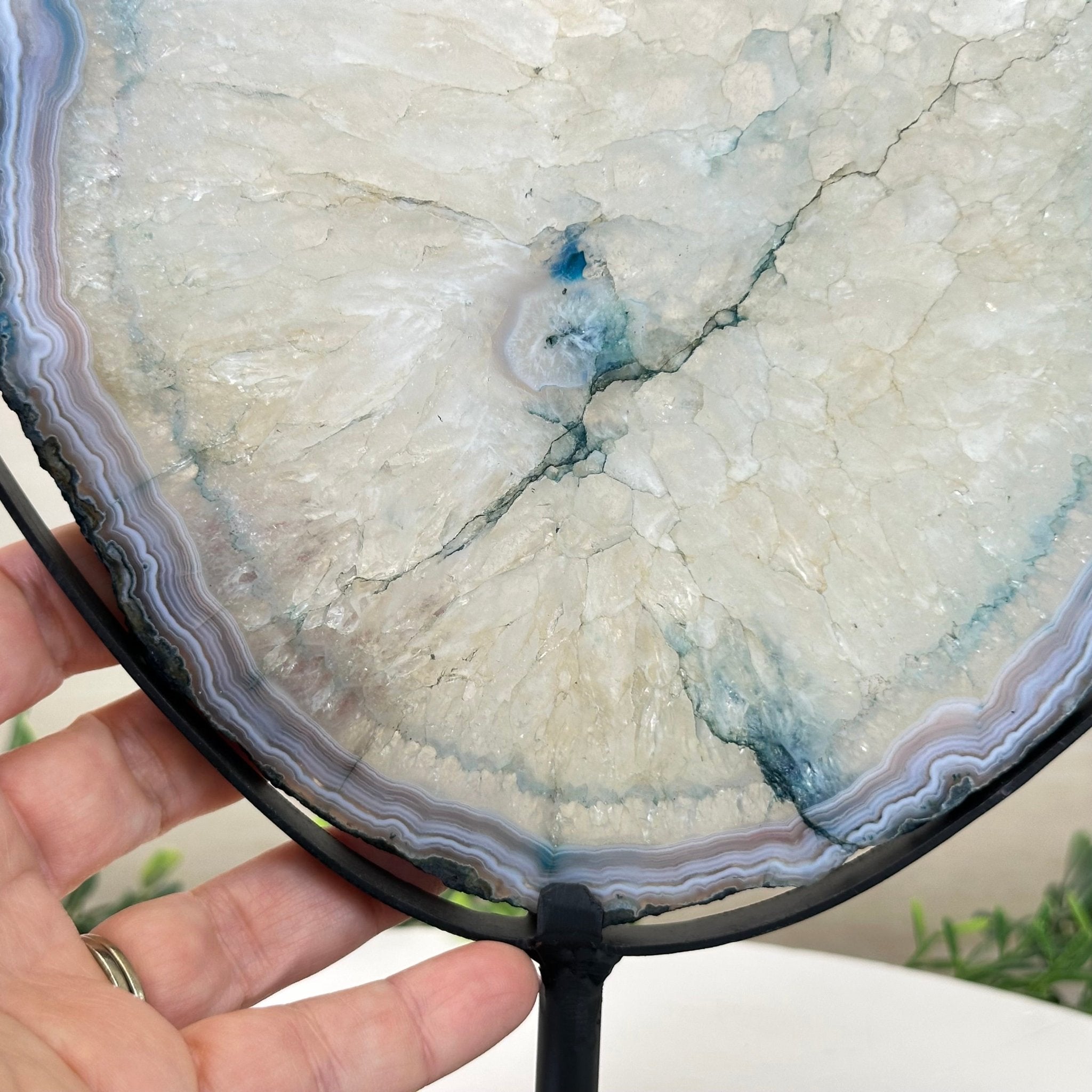 Brazilian Teal Agate Slice on Metal Base, 10.8" Tall #5065TL - 046 - Brazil GemsBrazil GemsBrazilian Teal Agate Slice on Metal Base, 10.8" Tall #5065TL - 046Slices on Fixed Bases5065TL - 046