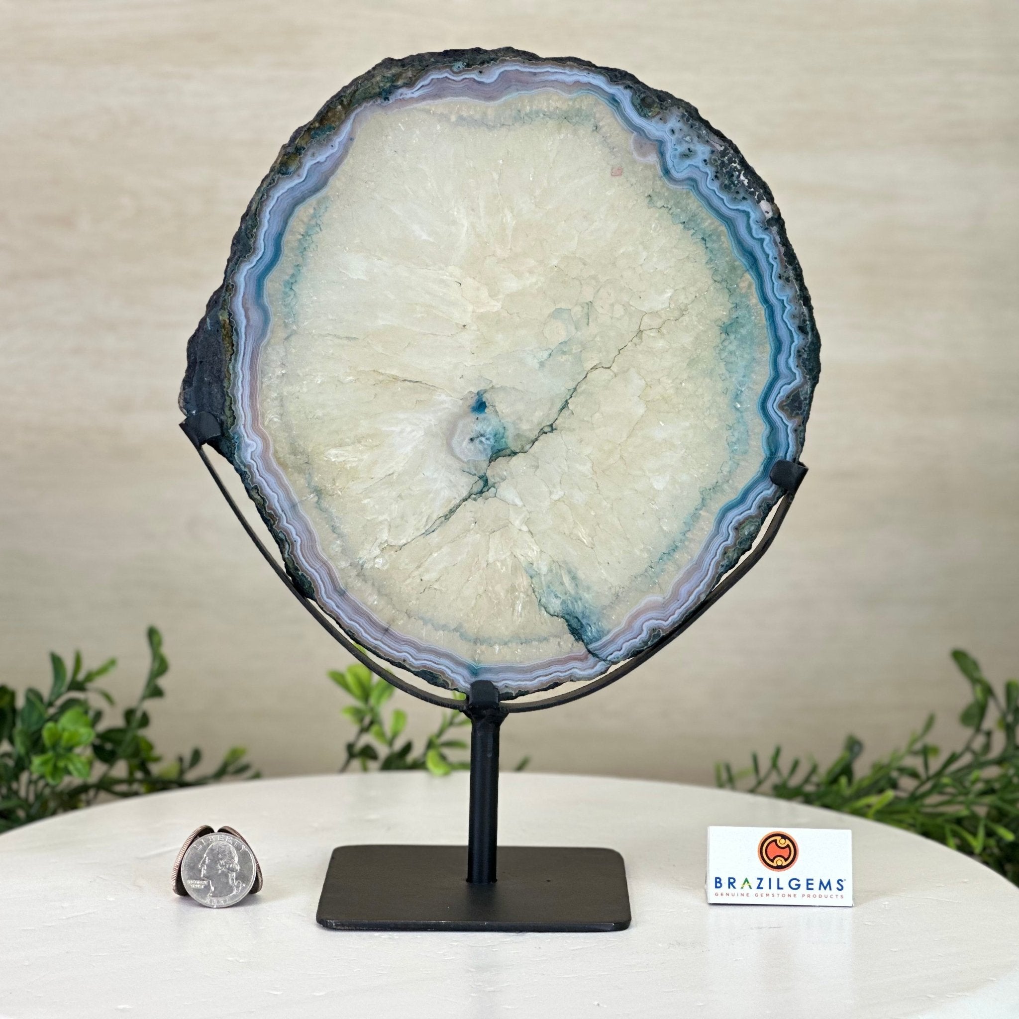 Brazilian Teal Agate Slice on Metal Base, 10.8" Tall #5065TL - 046 - Brazil GemsBrazil GemsBrazilian Teal Agate Slice on Metal Base, 10.8" Tall #5065TL - 046Slices on Fixed Bases5065TL - 046