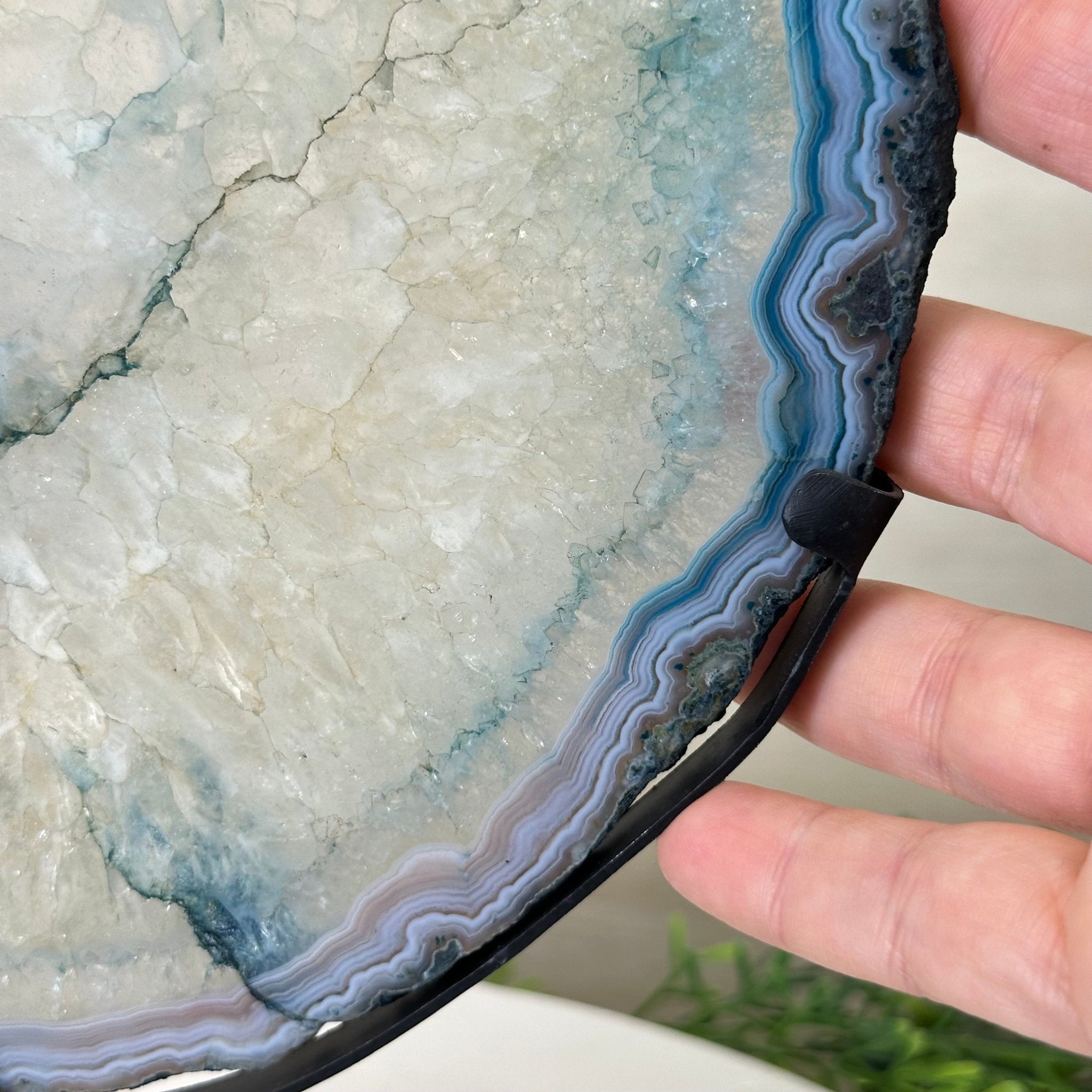 Brazilian Teal Agate Slice on Metal Base, 10.8" Tall #5065TL - 046 - Brazil GemsBrazil GemsBrazilian Teal Agate Slice on Metal Base, 10.8" Tall #5065TL - 046Slices on Fixed Bases5065TL - 046