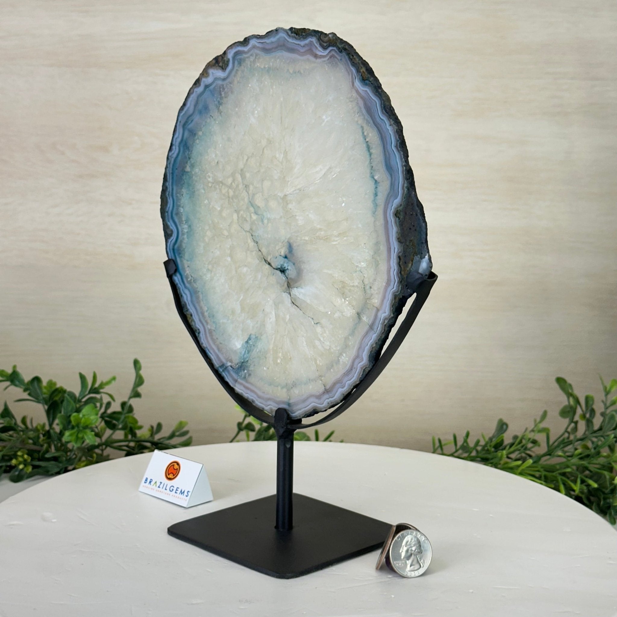 Brazilian Teal Agate Slice on Metal Base, 10.8" Tall #5065TL - 046 - Brazil GemsBrazil GemsBrazilian Teal Agate Slice on Metal Base, 10.8" Tall #5065TL - 046Slices on Fixed Bases5065TL - 046