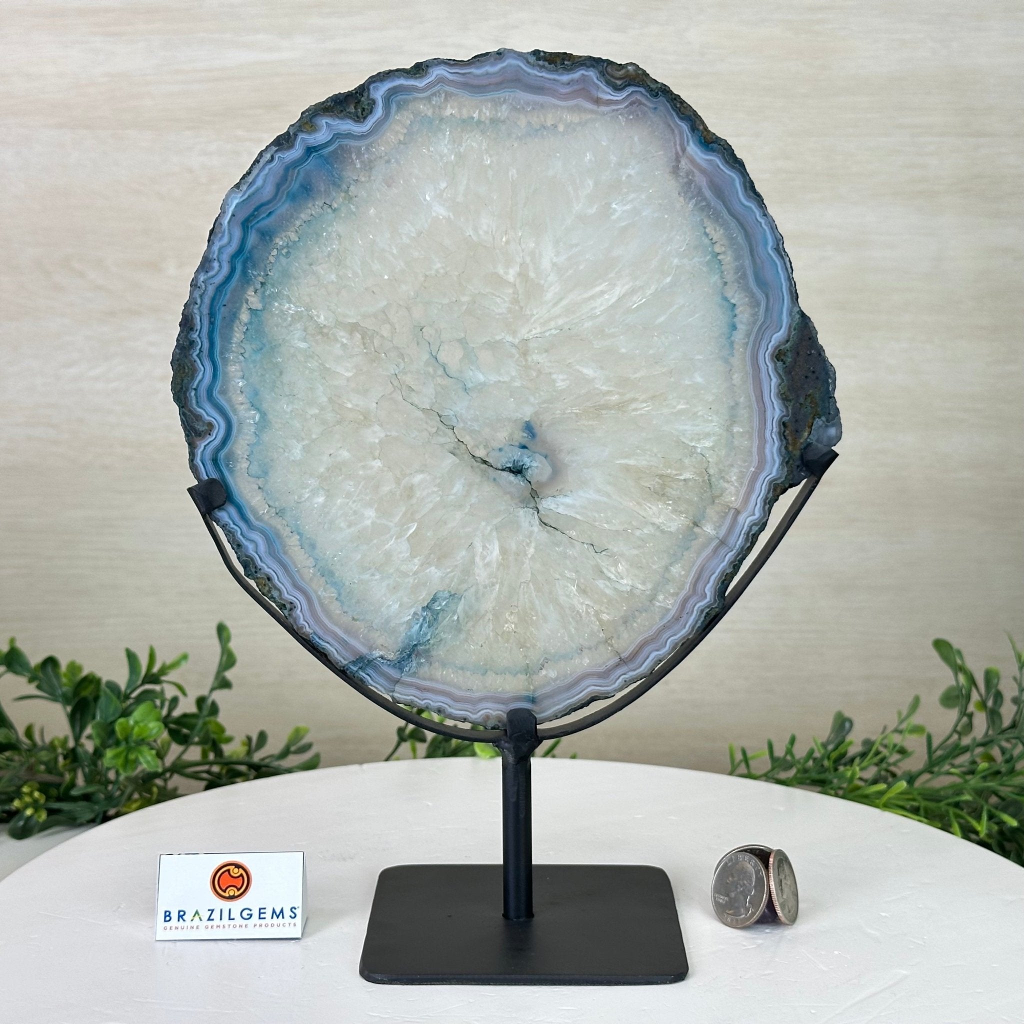 Brazilian Teal Agate Slice on Metal Base, 10.8" Tall #5065TL - 046 - Brazil GemsBrazil GemsBrazilian Teal Agate Slice on Metal Base, 10.8" Tall #5065TL - 046Slices on Fixed Bases5065TL - 046