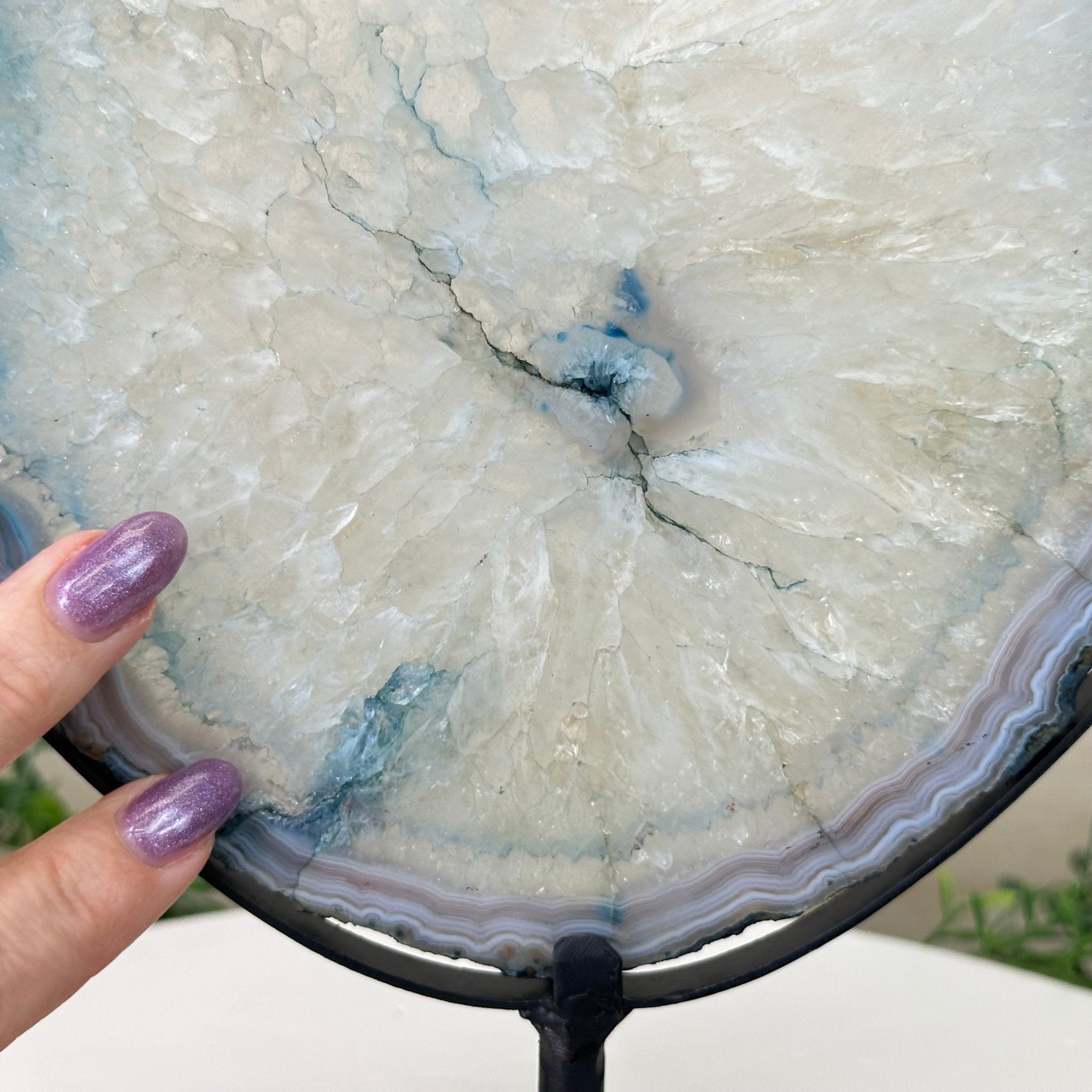 Brazilian Teal Agate Slice on Metal Base, 10.8" Tall #5065TL - 046 - Brazil GemsBrazil GemsBrazilian Teal Agate Slice on Metal Base, 10.8" Tall #5065TL - 046Slices on Fixed Bases5065TL - 046