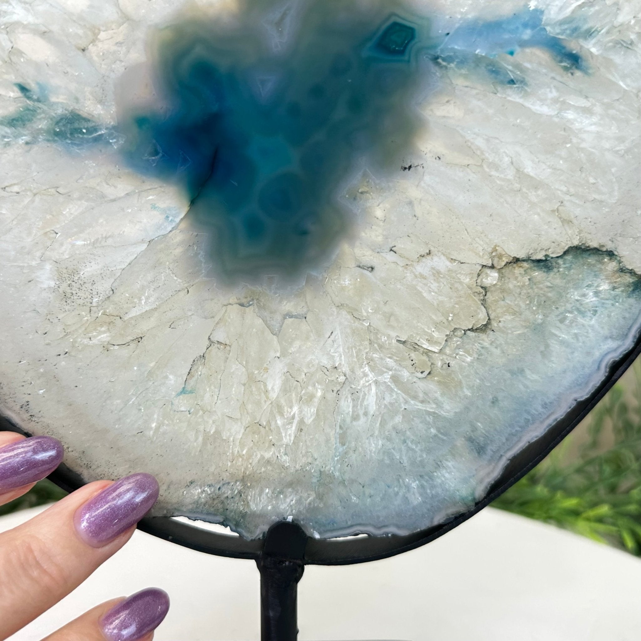 Brazilian Teal Agate Slice on Metal Base, 11.3" Tall #5065TL - 048 - Brazil GemsBrazil GemsBrazilian Teal Agate Slice on Metal Base, 11.3" Tall #5065TL - 048Slices on Fixed Bases5065TL - 048