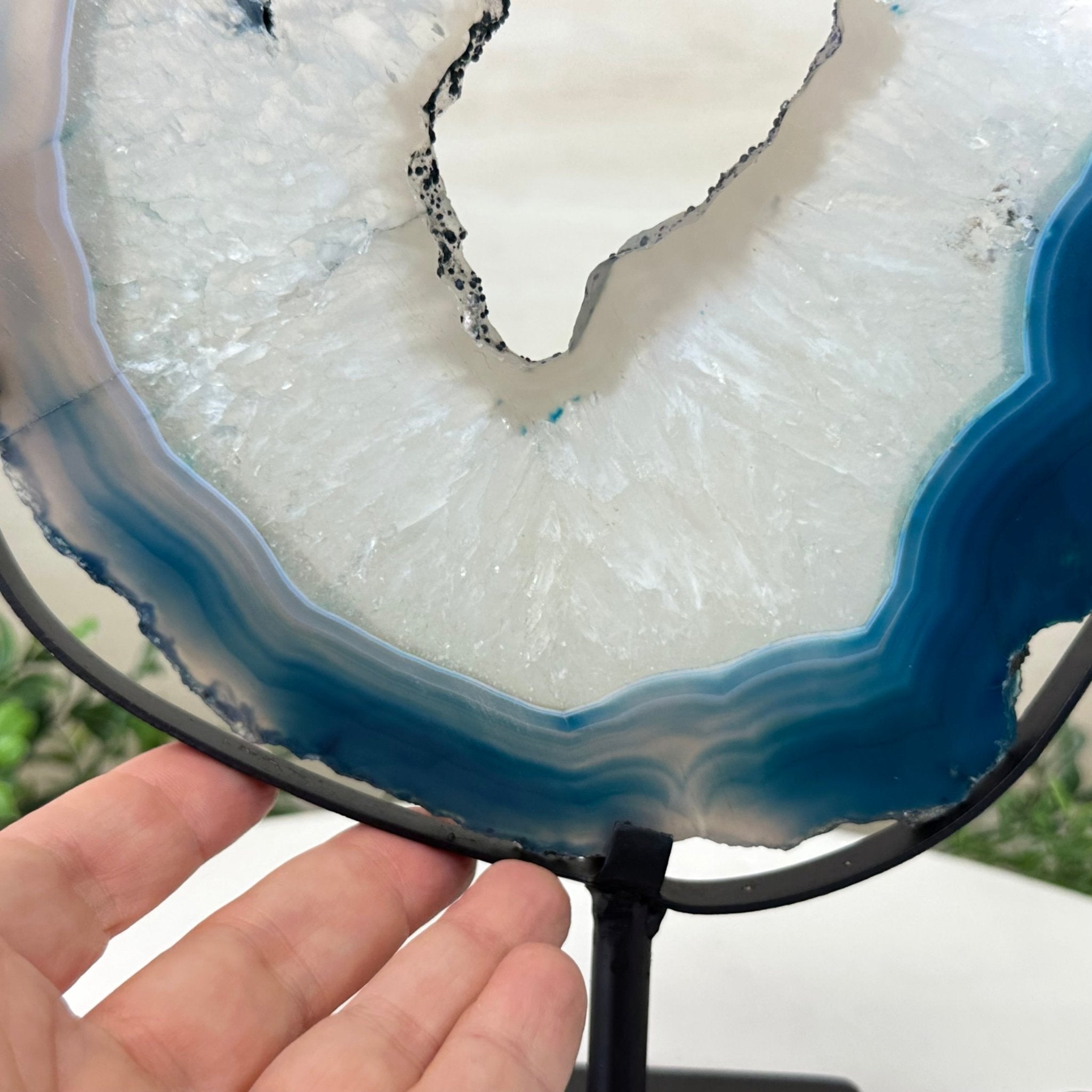 Brazilian Teal Agate Slice on Metal Base, 11.4" Tall #5065TL - 042 - Brazil GemsBrazil GemsBrazilian Teal Agate Slice on Metal Base, 11.4" Tall #5065TL - 042Slices on Fixed Bases5065TL - 042