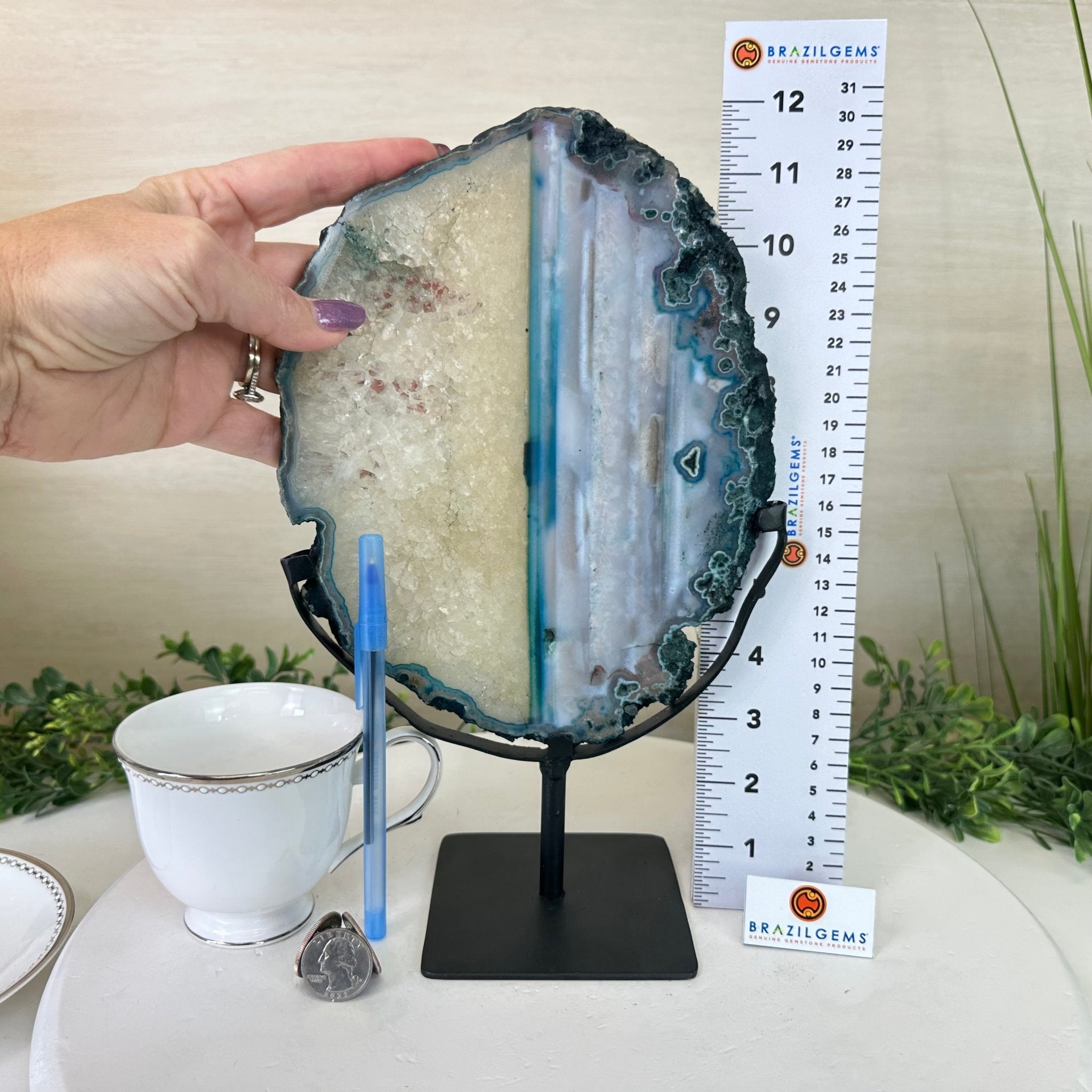 Brazilian Teal Agate Slice on Metal Base, 11.5" Tall #5065TL - 050 - Brazil GemsBrazil GemsBrazilian Teal Agate Slice on Metal Base, 11.5" Tall #5065TL - 050Slices on Fixed Bases5065TL - 050