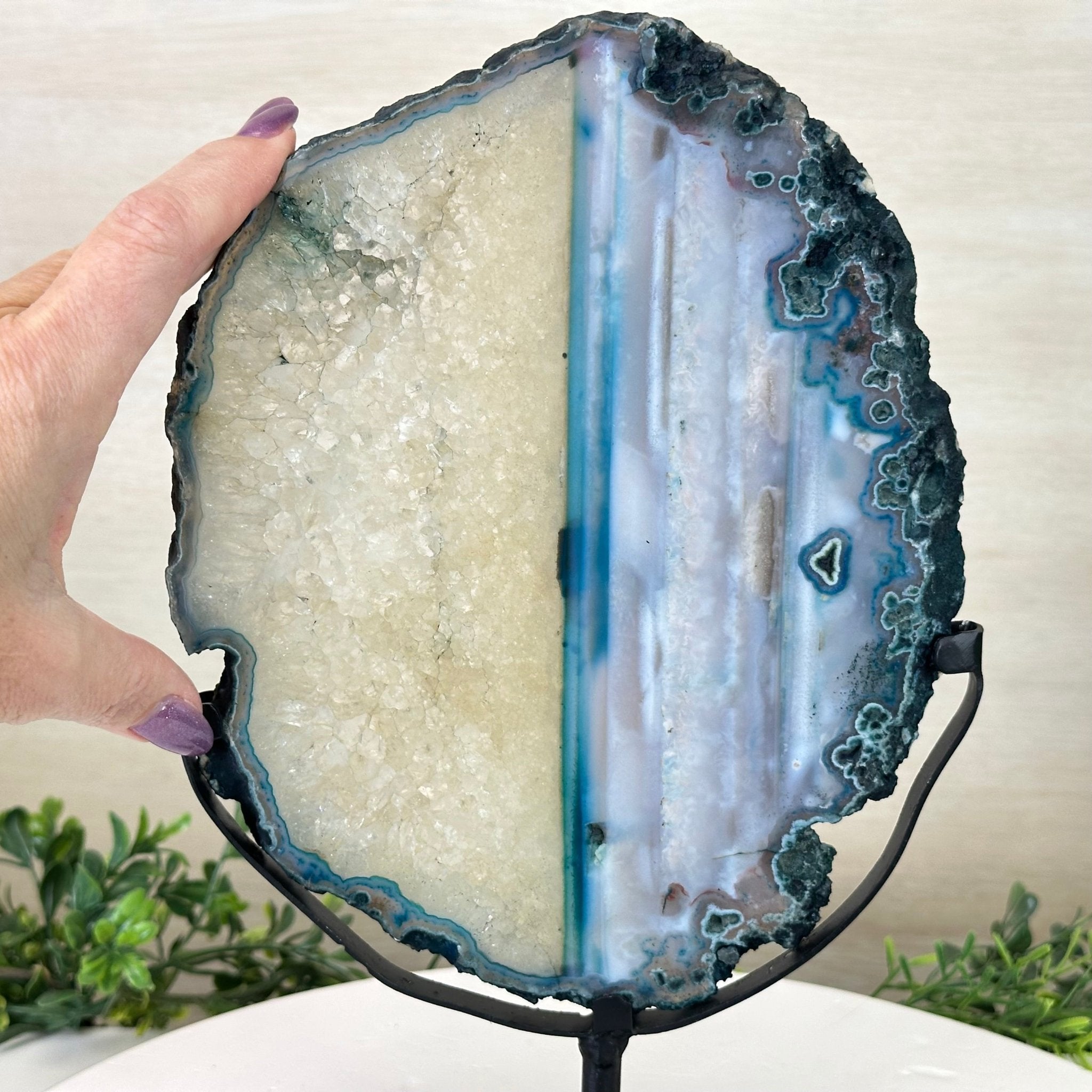 Brazilian Teal Agate Slice on Metal Base, 11.5" Tall #5065TL - 050 - Brazil GemsBrazil GemsBrazilian Teal Agate Slice on Metal Base, 11.5" Tall #5065TL - 050Slices on Fixed Bases5065TL - 050