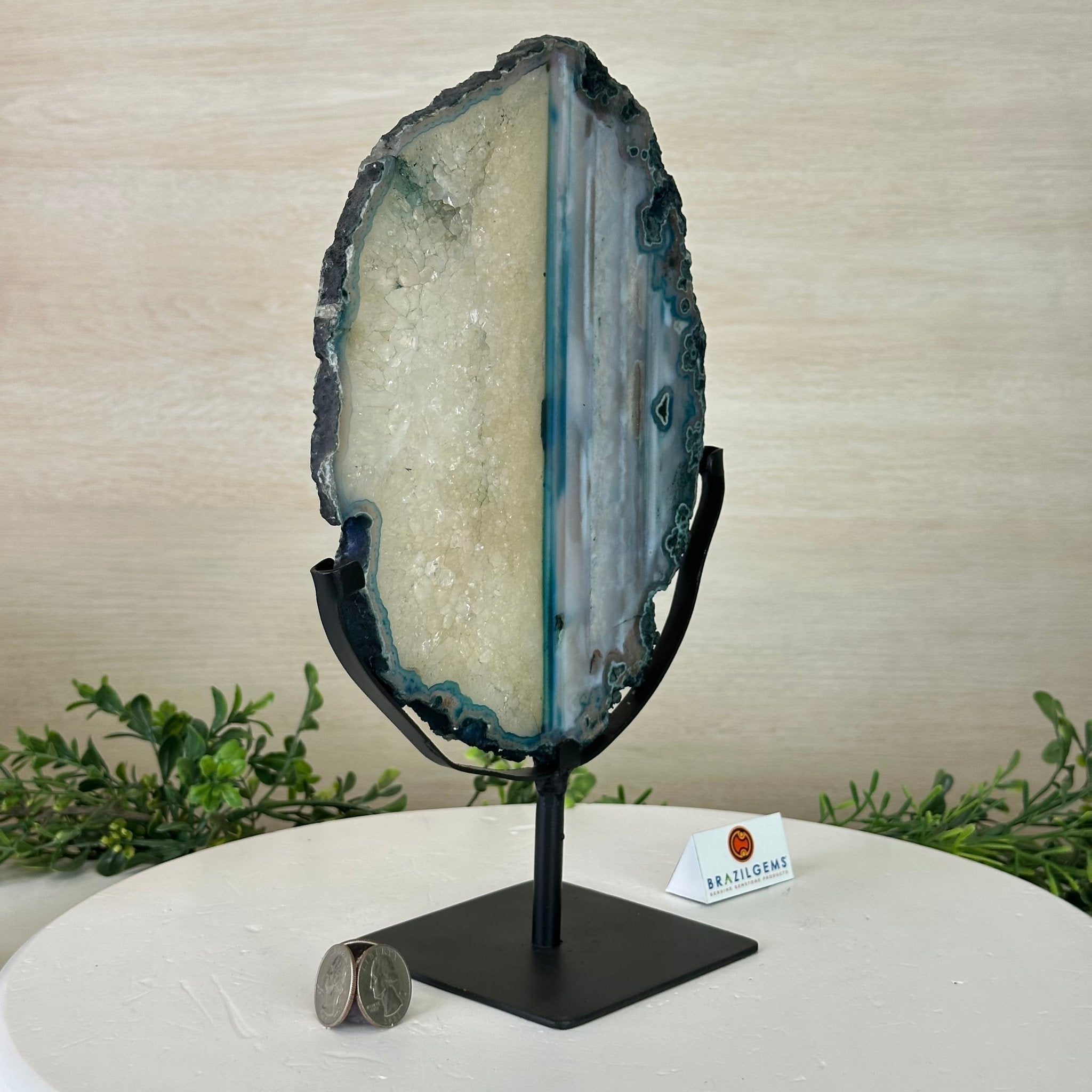 Brazilian Teal Agate Slice on Metal Base, 11.5" Tall #5065TL - 050 - Brazil GemsBrazil GemsBrazilian Teal Agate Slice on Metal Base, 11.5" Tall #5065TL - 050Slices on Fixed Bases5065TL - 050