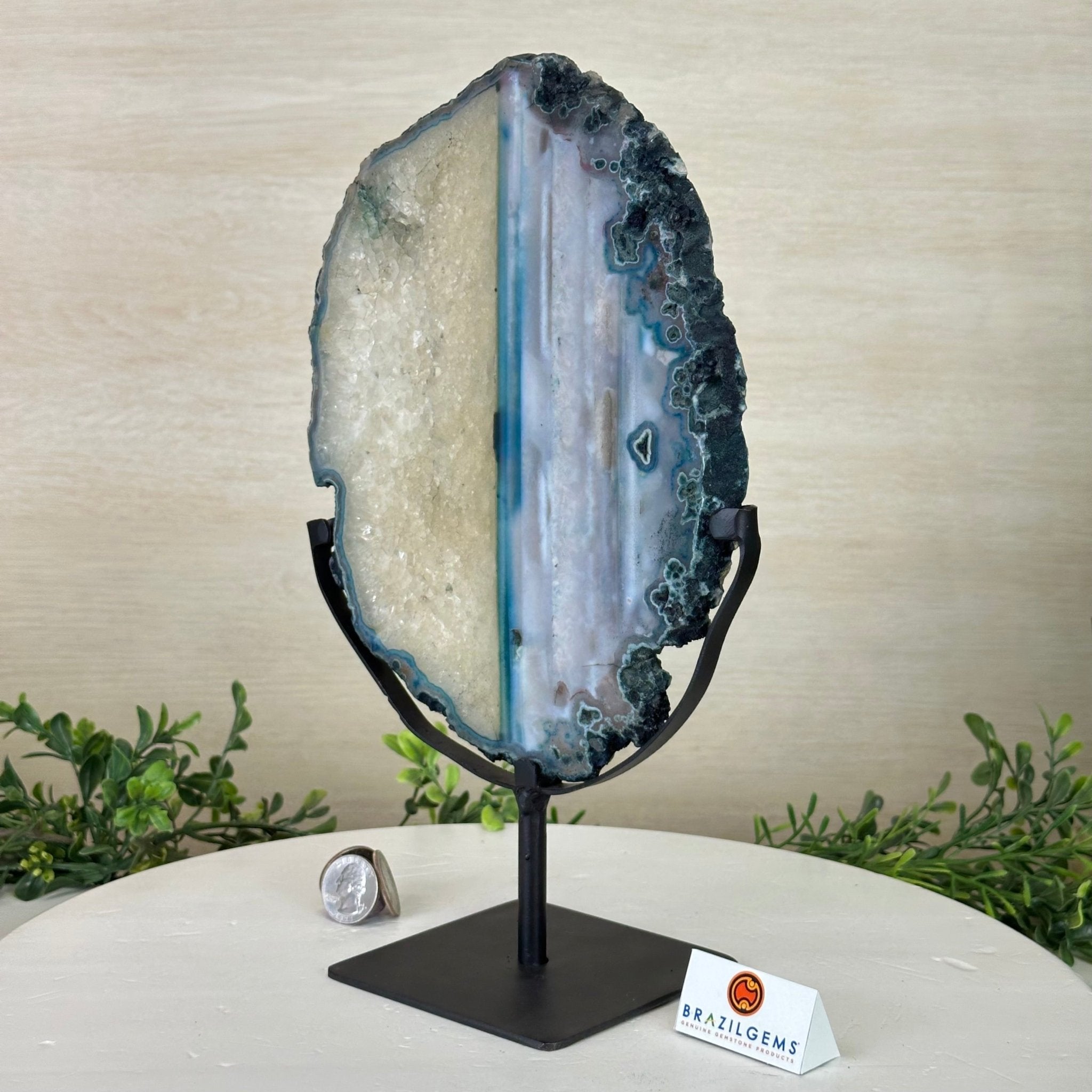 Brazilian Teal Agate Slice on Metal Base, 11.5" Tall #5065TL - 050 - Brazil GemsBrazil GemsBrazilian Teal Agate Slice on Metal Base, 11.5" Tall #5065TL - 050Slices on Fixed Bases5065TL - 050