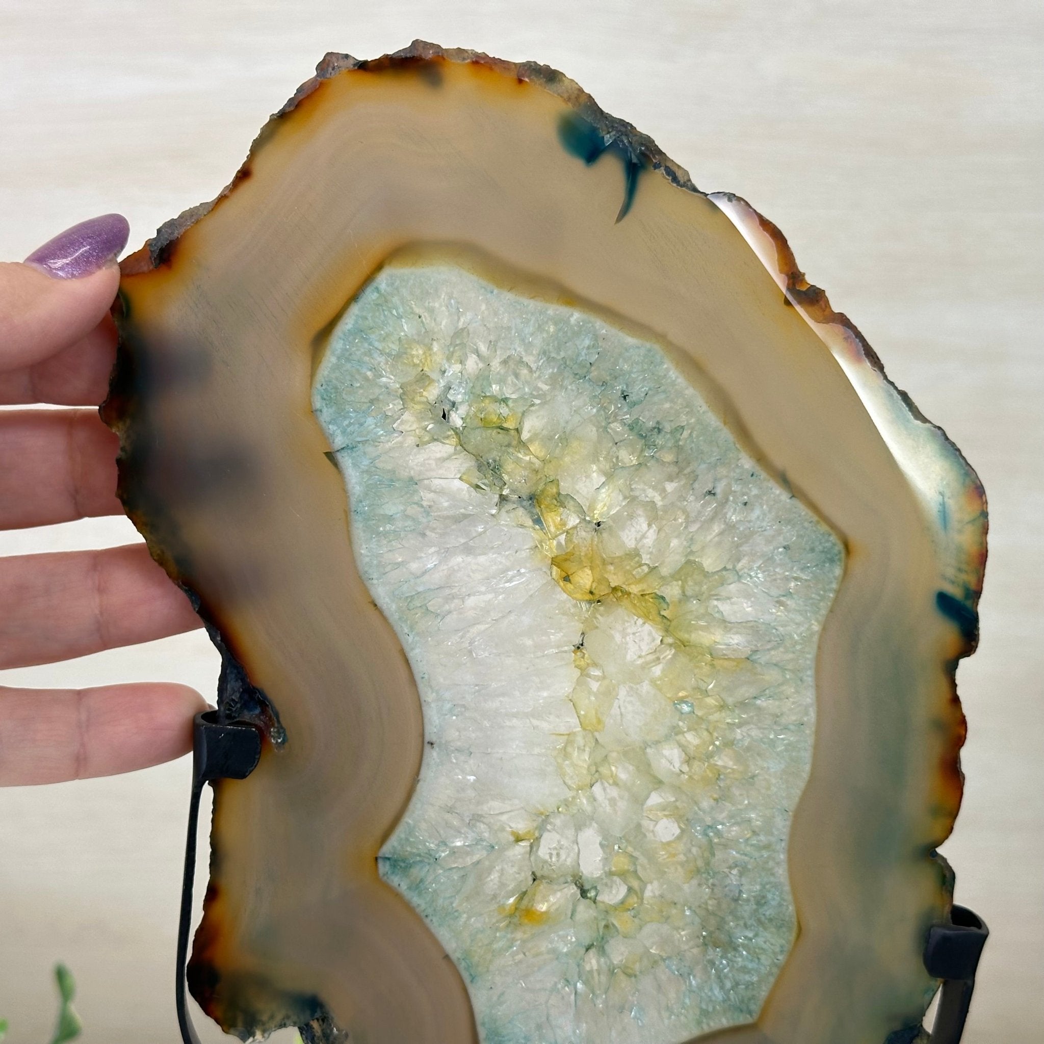 Brazilian Teal Agate Slice on Metal Base, 11.7" Tall #5065TL - 040 - Brazil GemsBrazil GemsBrazilian Teal Agate Slice on Metal Base, 11.7" Tall #5065TL - 040Slices on Fixed Bases5065TL - 040