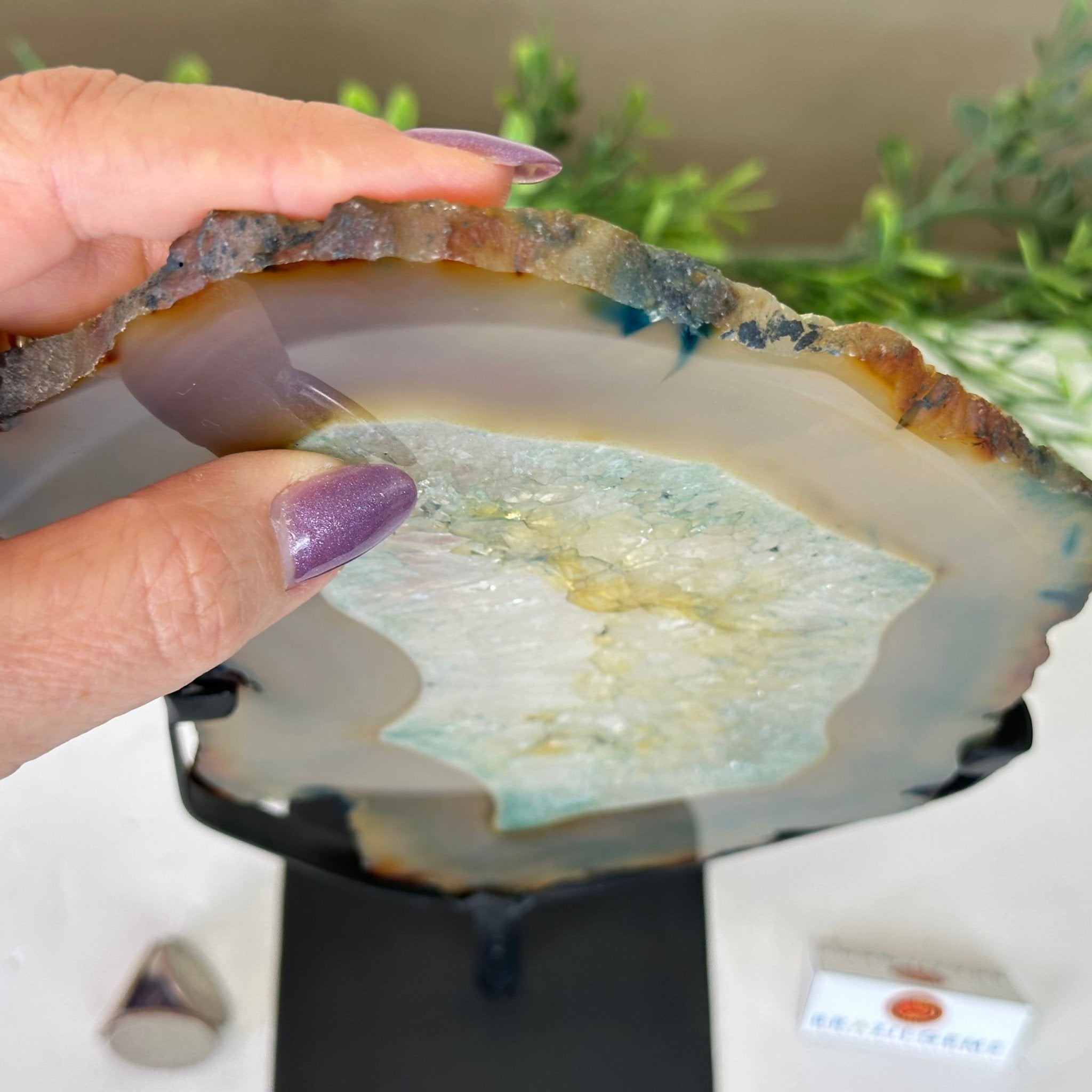 Brazilian Teal Agate Slice on Metal Base, 11.7" Tall #5065TL - 040 - Brazil GemsBrazil GemsBrazilian Teal Agate Slice on Metal Base, 11.7" Tall #5065TL - 040Slices on Fixed Bases5065TL - 040