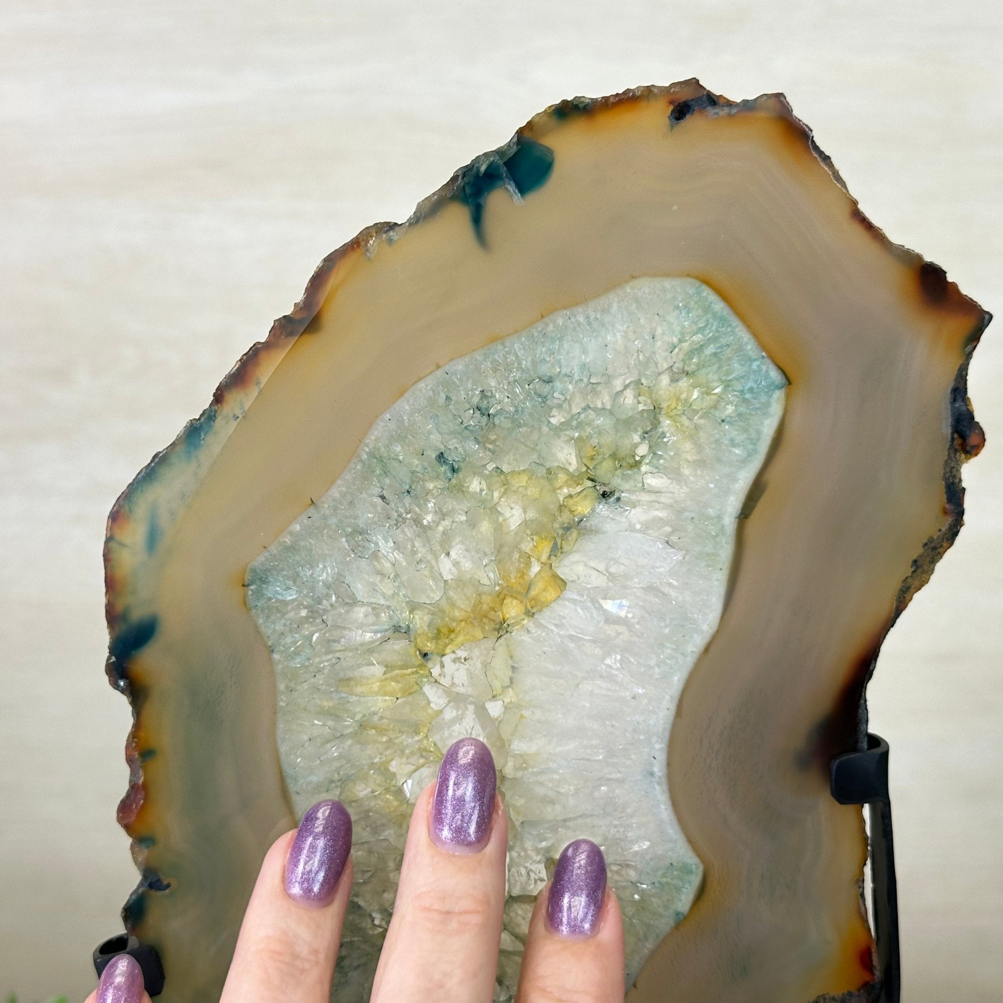 Brazilian Teal Agate Slice on Metal Base, 11.7" Tall #5065TL - 040 - Brazil GemsBrazil GemsBrazilian Teal Agate Slice on Metal Base, 11.7" Tall #5065TL - 040Slices on Fixed Bases5065TL - 040