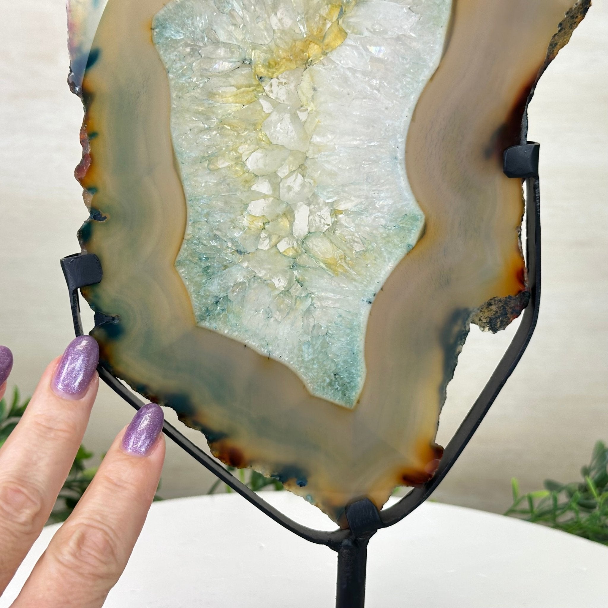 Brazilian Teal Agate Slice on Metal Base, 11.7" Tall #5065TL - 040 - Brazil GemsBrazil GemsBrazilian Teal Agate Slice on Metal Base, 11.7" Tall #5065TL - 040Slices on Fixed Bases5065TL - 040