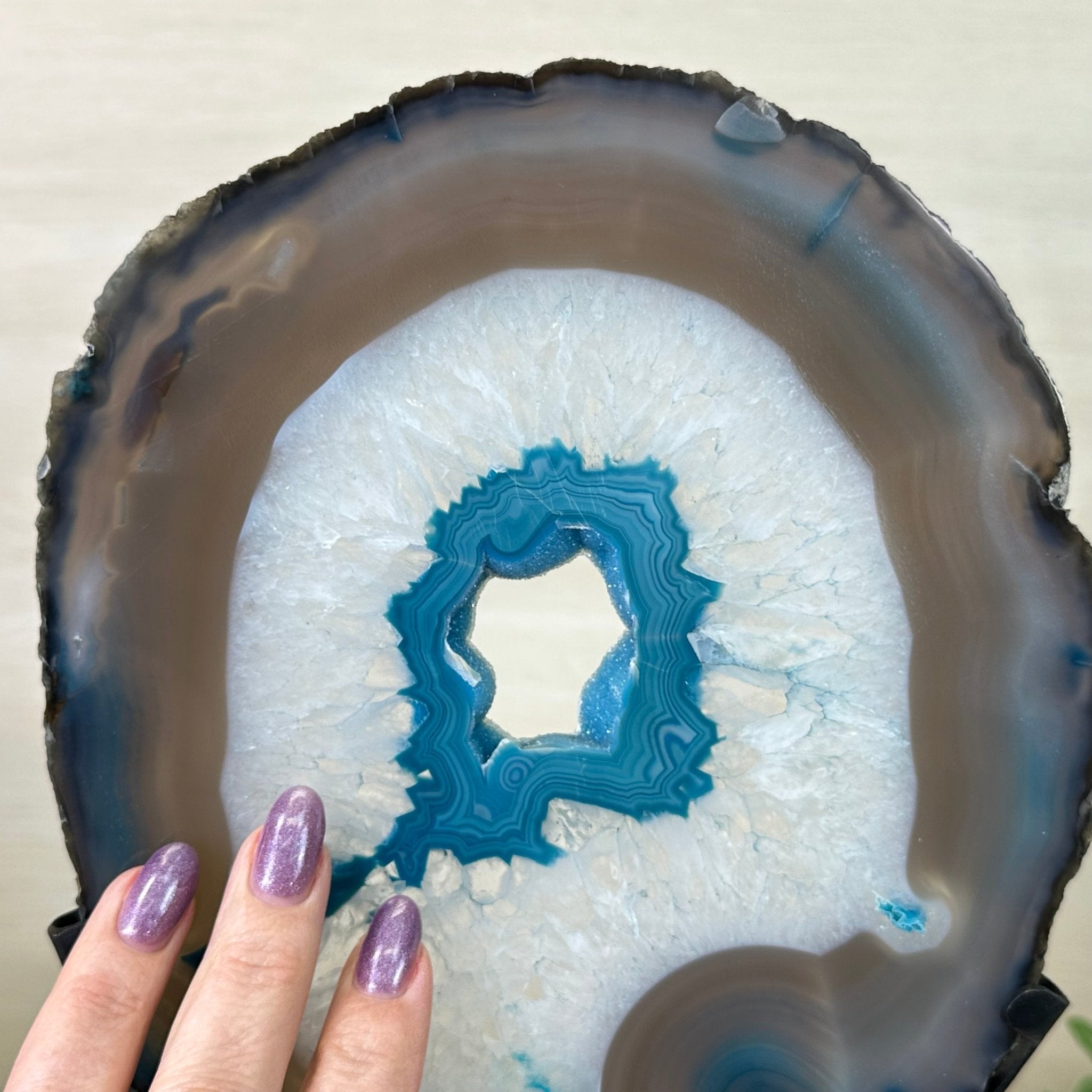 Brazilian Teal Agate Slice on Metal Base, 12.4" Tall #5065TL - 044 - Brazil GemsBrazil GemsBrazilian Teal Agate Slice on Metal Base, 12.4" Tall #5065TL - 044Slices on Fixed Bases5065TL - 044