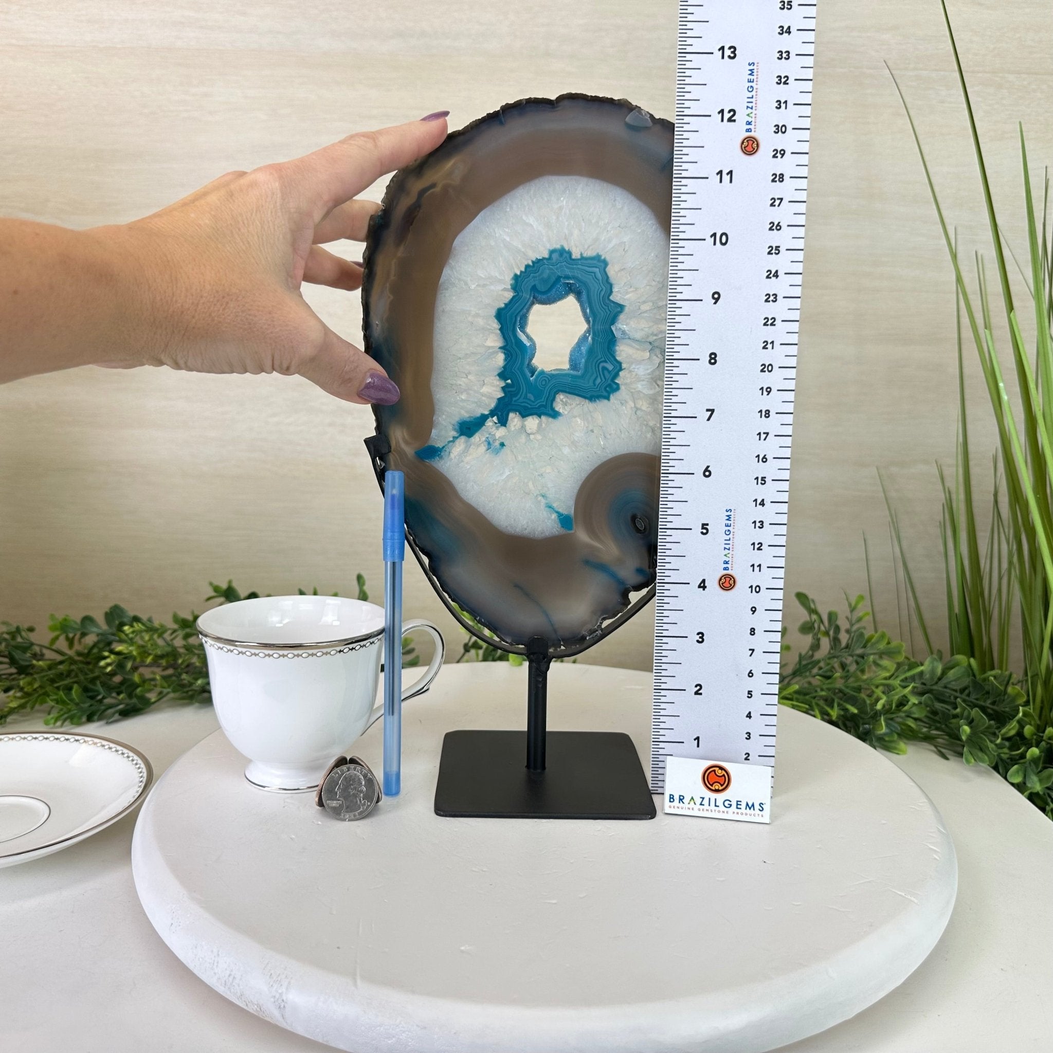 Brazilian Teal Agate Slice on Metal Base, 12.4" Tall #5065TL - 044 - Brazil GemsBrazil GemsBrazilian Teal Agate Slice on Metal Base, 12.4" Tall #5065TL - 044Slices on Fixed Bases5065TL - 044