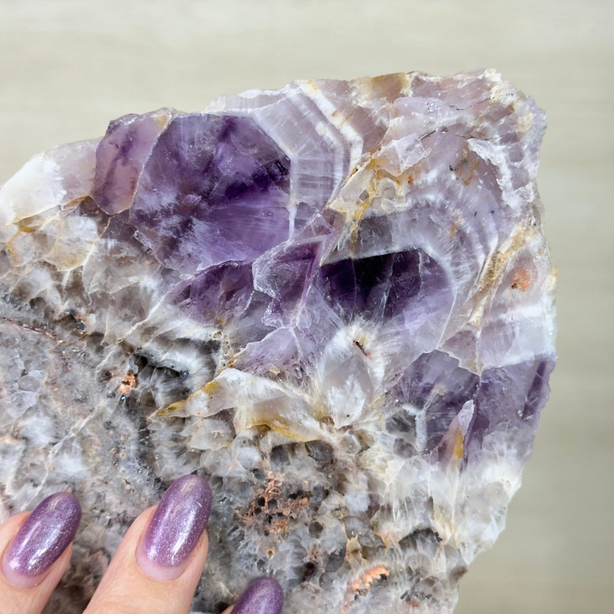 Chevron Amethyst Crystal Slice on a Stand, 4.1 lbs & 11.9" Tall #5621AC - 001 - Brazil GemsBrazil GemsChevron Amethyst Crystal Slice on a Stand, 4.1 lbs & 11.9" Tall #5621AC - 001Slices on Fixed Bases5621AC - 001