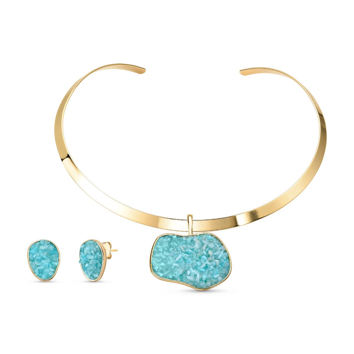 Choker Style Gold Plated Necklace & Earring Set with Natural Gemstone Fragments - Brazil GemsBrazil GemsChoker Style Gold Plated Necklace & Earring Set with Natural Gemstone FragmentsNecklace & Earring Set14GP1731 - 102