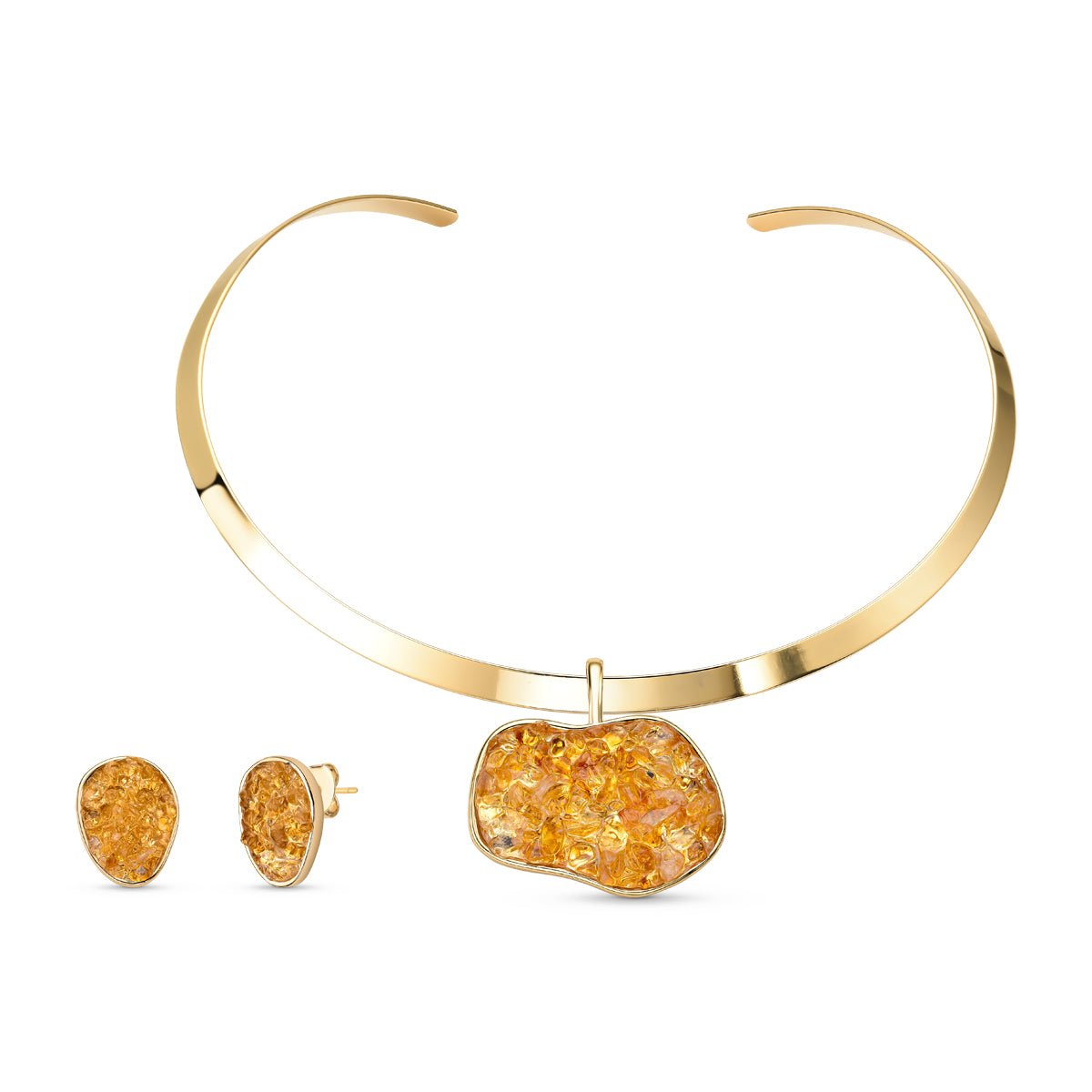 Choker Style Gold Plated Necklace & Earring Set with Natural Gemstone Fragments - Brazil GemsBrazil GemsChoker Style Gold Plated Necklace & Earring Set with Natural Gemstone FragmentsNecklace & Earring Set14GP1731 - 107