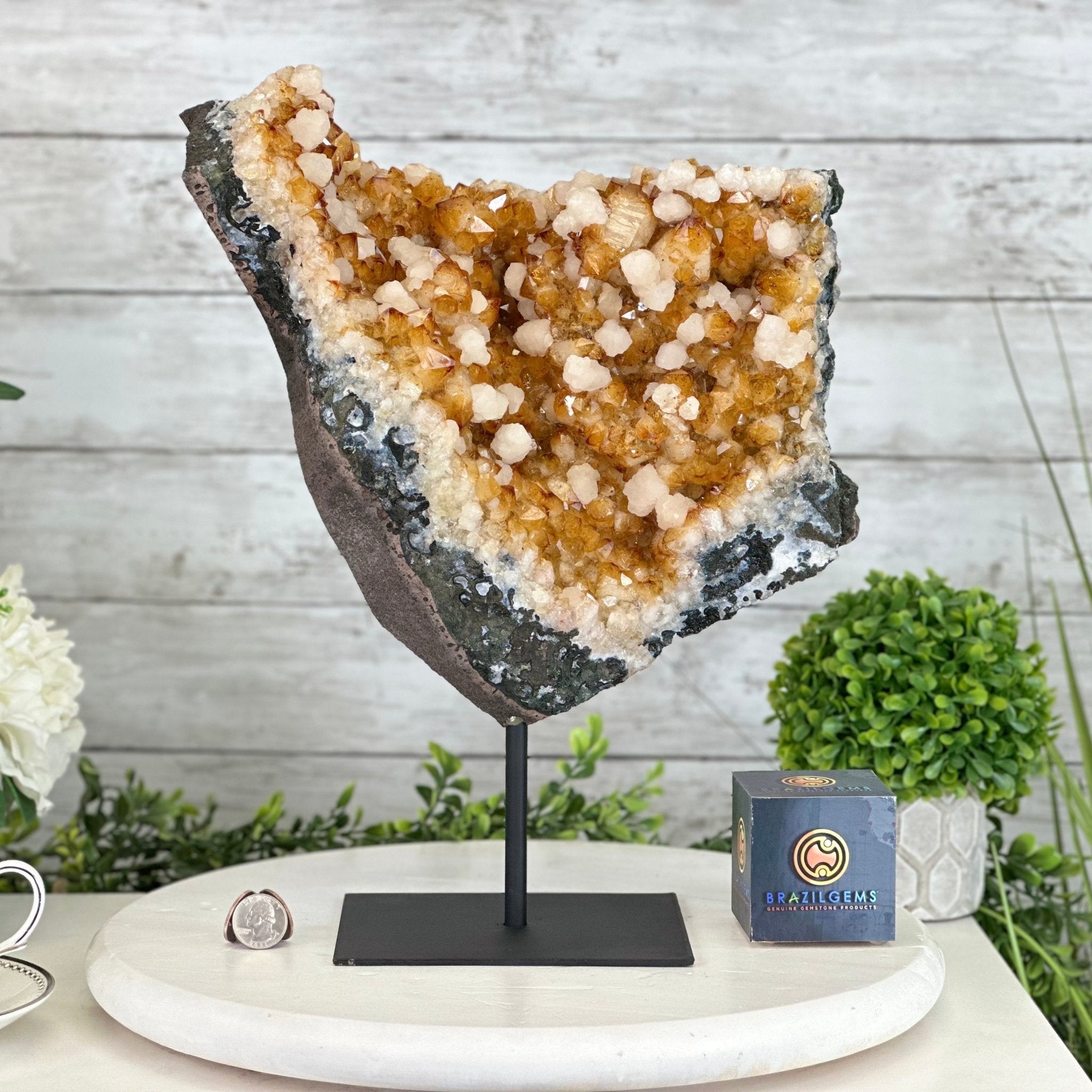 Citrine Crystal Cluster by Brazil Gems®, Metal Stand, 16.8 lbs & 15.1" Tall #5496-0054 - Brazil GemsBrazil GemsCitrine Crystal Cluster by Brazil Gems®, Metal Stand, 16.8 lbs & 15.1" Tall #5496-0054Clusters on Fixed Bases5496-0054
