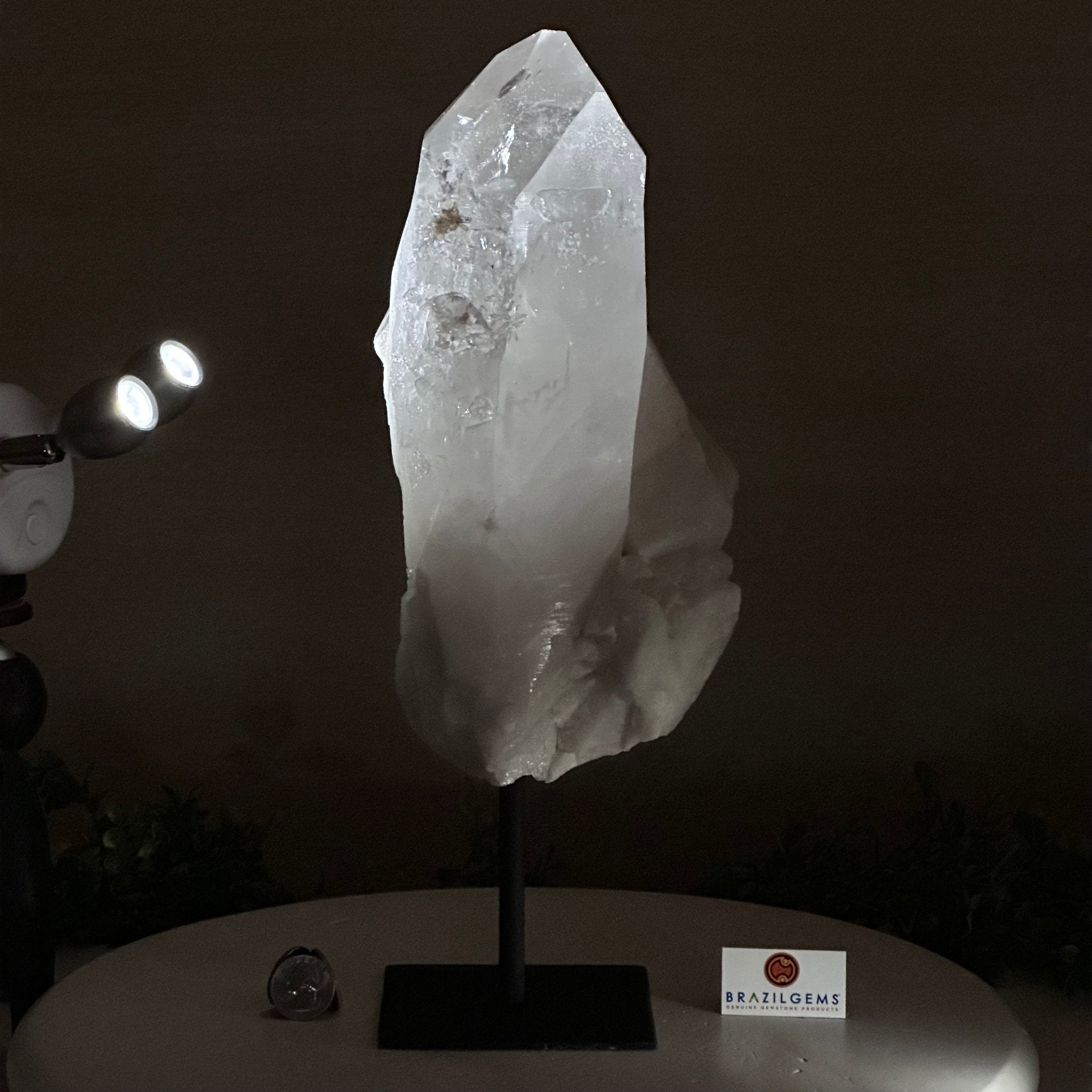 Clear Quartz Crystal Point on a Metal Stand, 11.9 lbs & 14.4" Tall #3122CQ - 029 - Brazil GemsBrazil GemsClear Quartz Crystal Point on a Metal Stand, 11.9 lbs & 14.4" Tall #3122CQ - 029Crystal Points3122CQ - 029