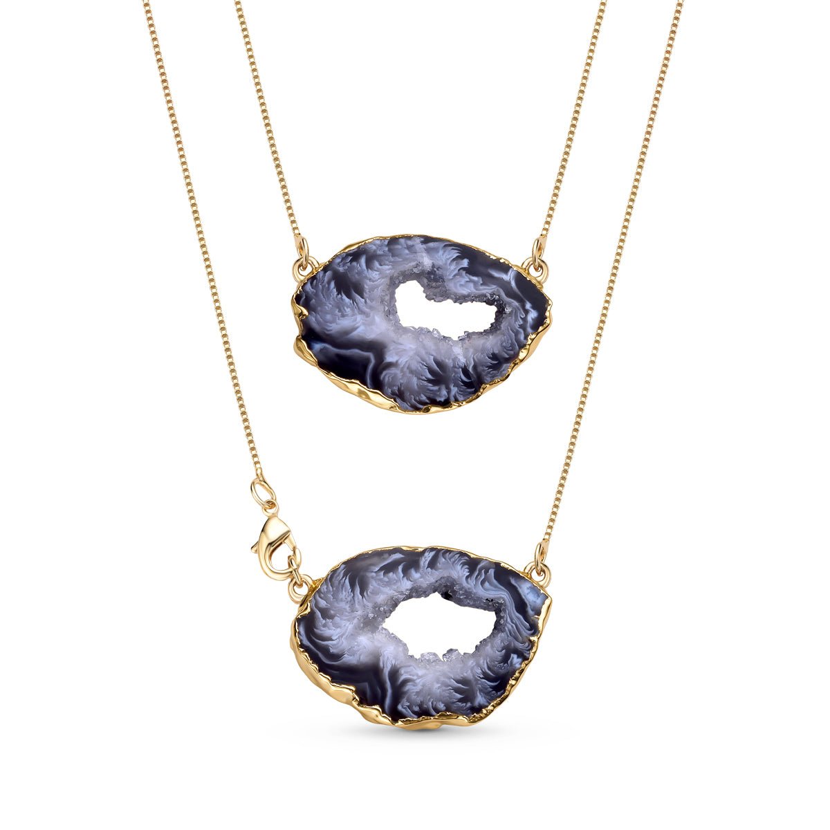 Double Natural Agate Geode Pendant 18K Gold Plated Layered Necklace - Brazil GemsBrazil GemsDouble Natural Agate Geode Pendant 18K Gold Plated Layered NecklaceNecklace12GP5106 - 101