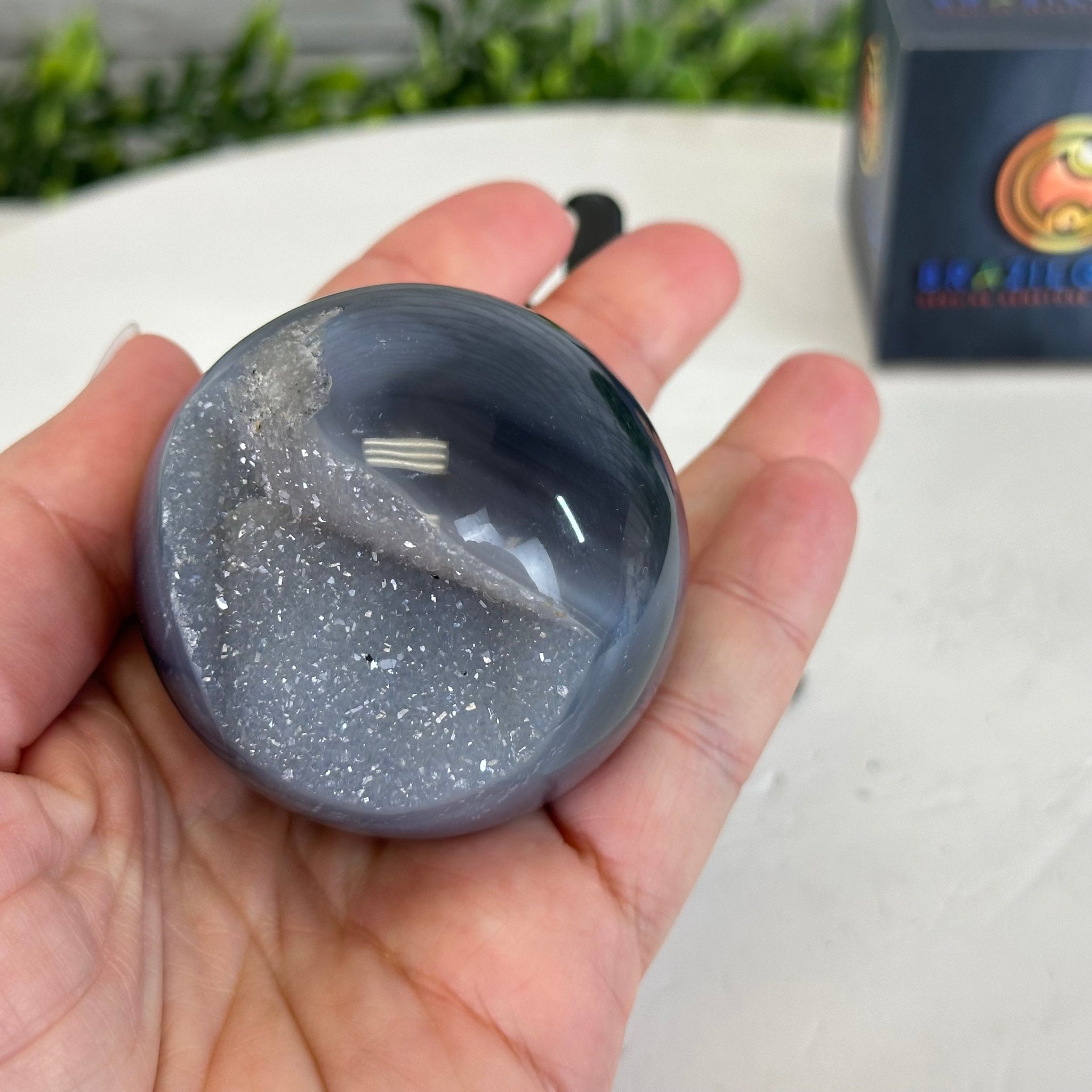 Druzy Agate Sphere on a Metal Stand, 0.5 lbs & 4.7" Tall #5634-0001 - Brazil GemsBrazil GemsDruzy Agate Sphere on a Metal Stand, 0.5 lbs & 4.7" Tall #5634-0001Spheres5634-0001
