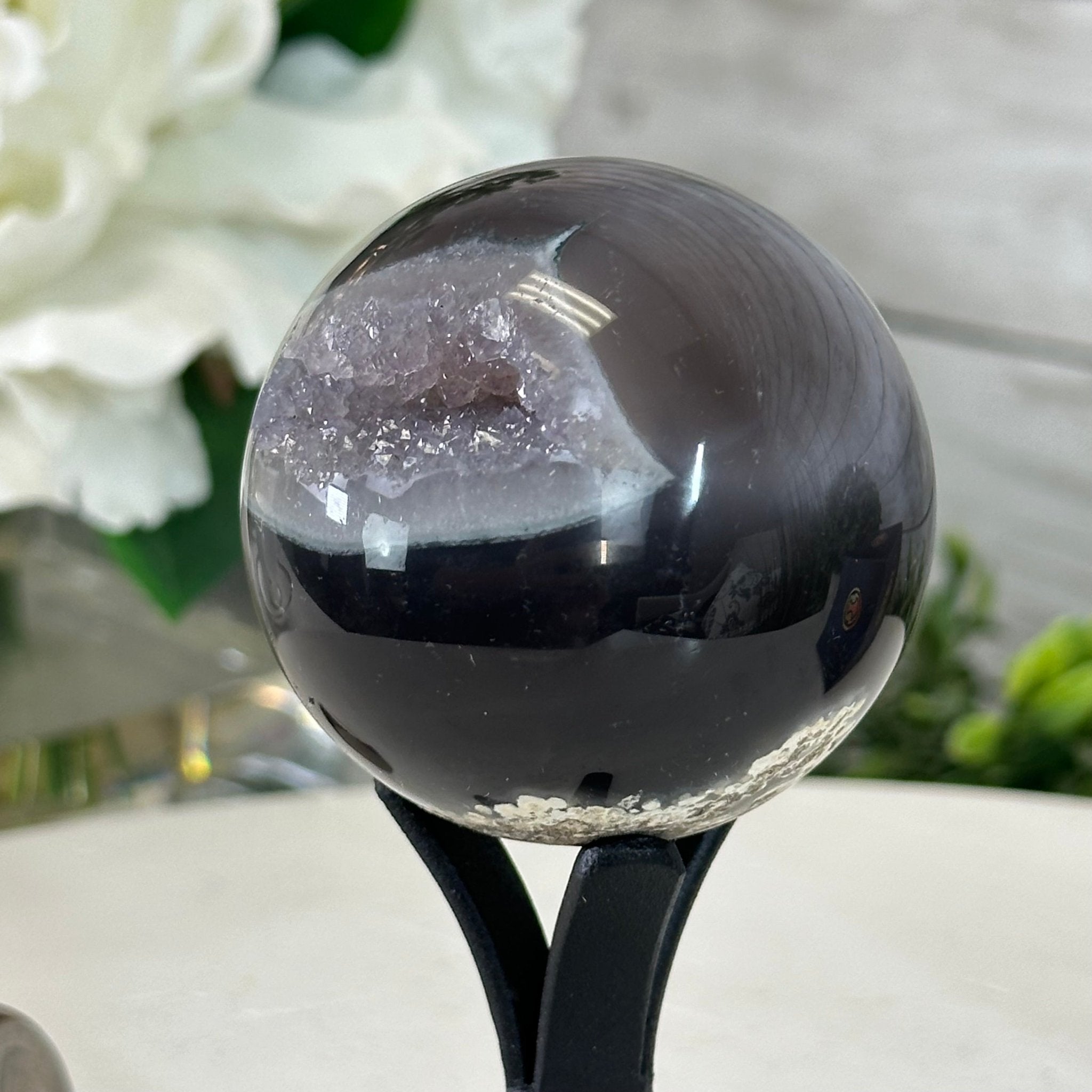 Druzy Agate Sphere on a Metal Stand, 0.6 lbs & 4.8" Tall #5634-0002 - Brazil GemsBrazil GemsDruzy Agate Sphere on a Metal Stand, 0.6 lbs & 4.8" Tall #5634-0002Spheres5634-0002