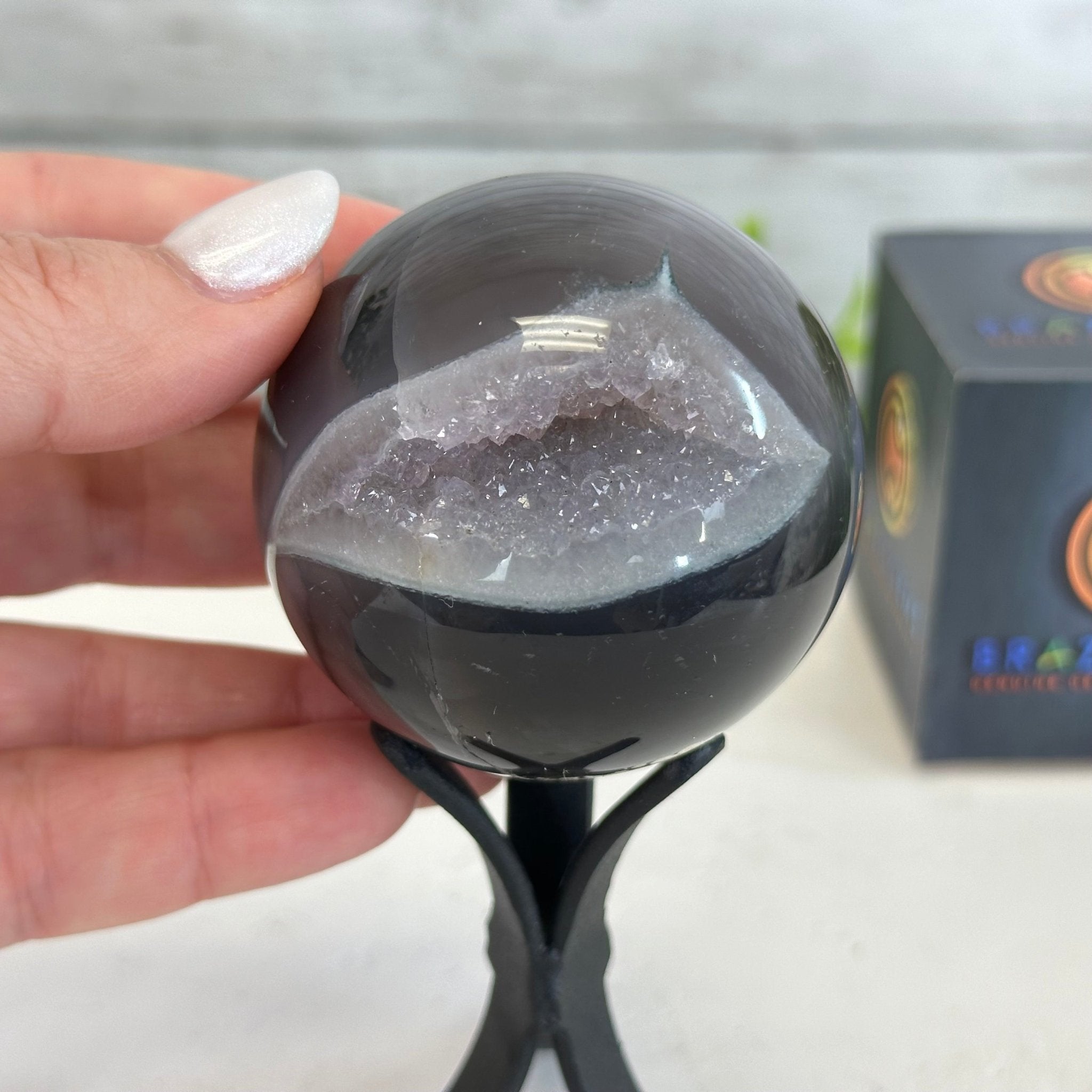 Druzy Agate Sphere on a Metal Stand, 0.6 lbs & 4.8" Tall #5634-0002 - Brazil GemsBrazil GemsDruzy Agate Sphere on a Metal Stand, 0.6 lbs & 4.8" Tall #5634-0002Spheres5634-0002