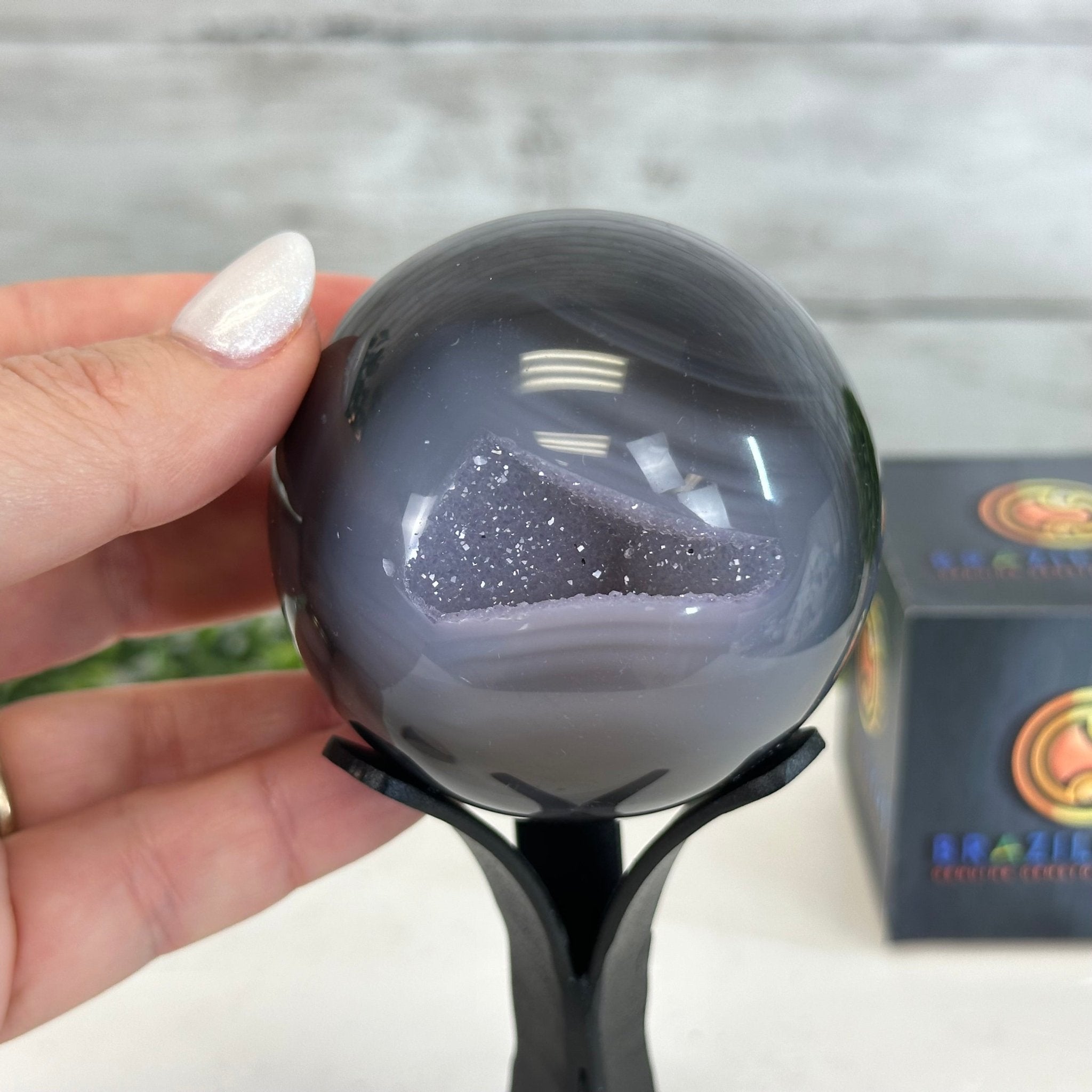 Druzy Agate Sphere on a Metal Stand, 0.9 lbs & 6.3" Tall #5634-0003 - Brazil GemsBrazil GemsDruzy Agate Sphere on a Metal Stand, 0.9 lbs & 6.3" Tall #5634-0003Spheres5634-0003