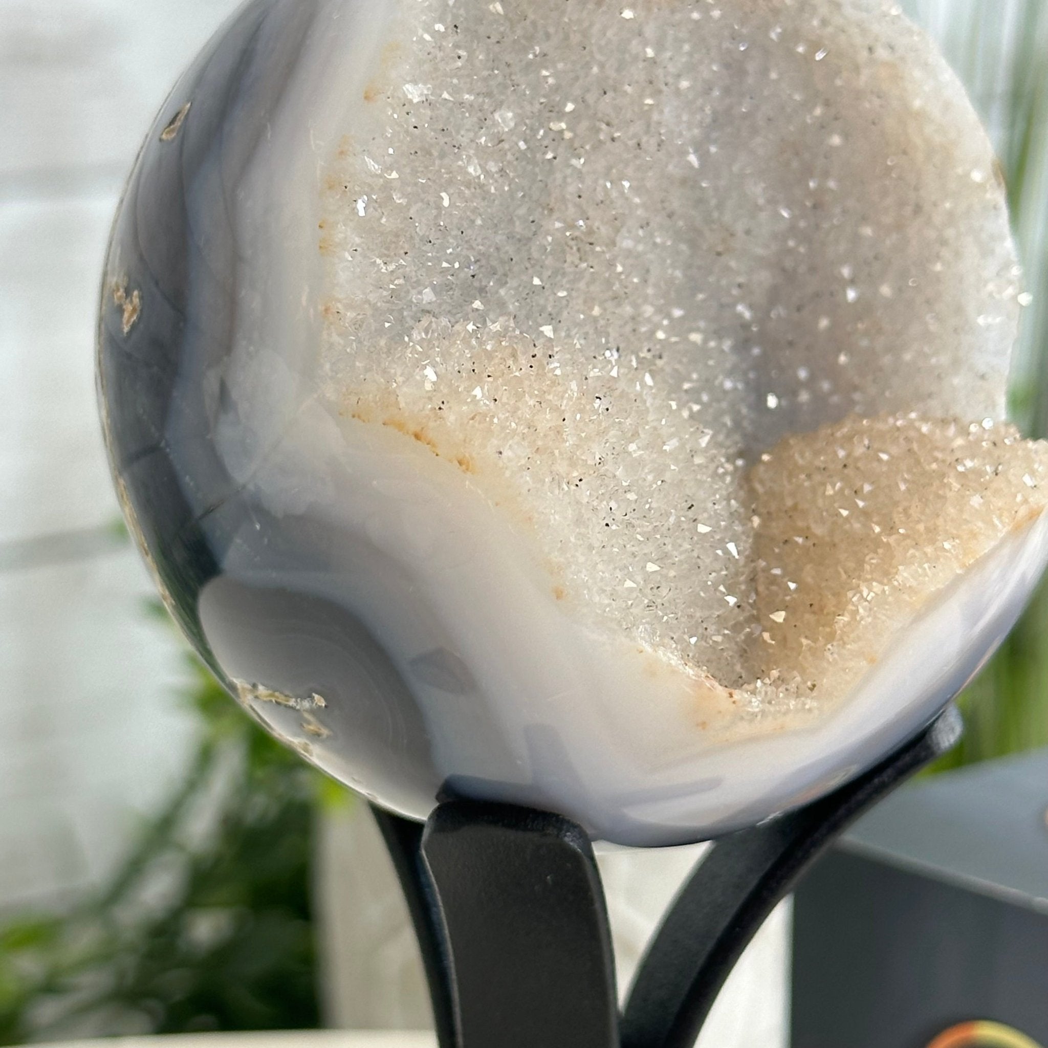 Druzy Agate Sphere on a Metal Stand, 1 lbs & 6.8" Tall #5634-0004 - Brazil GemsBrazil GemsDruzy Agate Sphere on a Metal Stand, 1 lbs & 6.8" Tall #5634-0004Spheres5634-0004