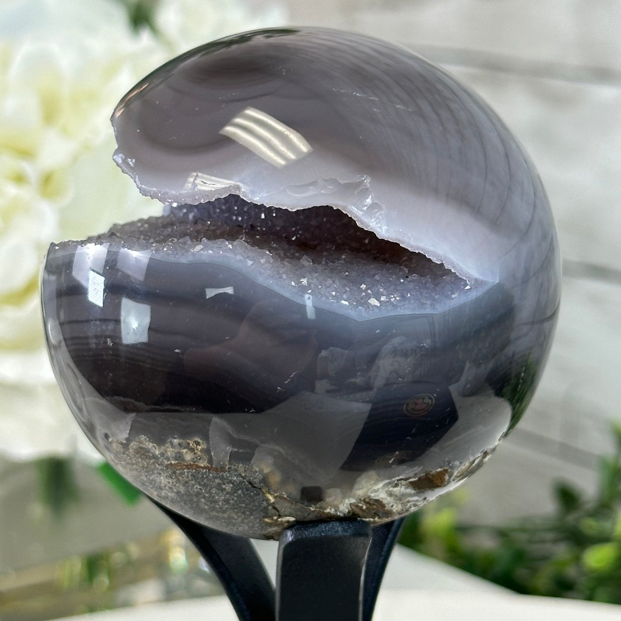 Druzy Agate Sphere on a Metal Stand, 1.3 lbs & 6.7" Tall #5634-0007 - Brazil GemsBrazil GemsDruzy Agate Sphere on a Metal Stand, 1.3 lbs & 6.7" Tall #5634-0007Spheres5634-0007
