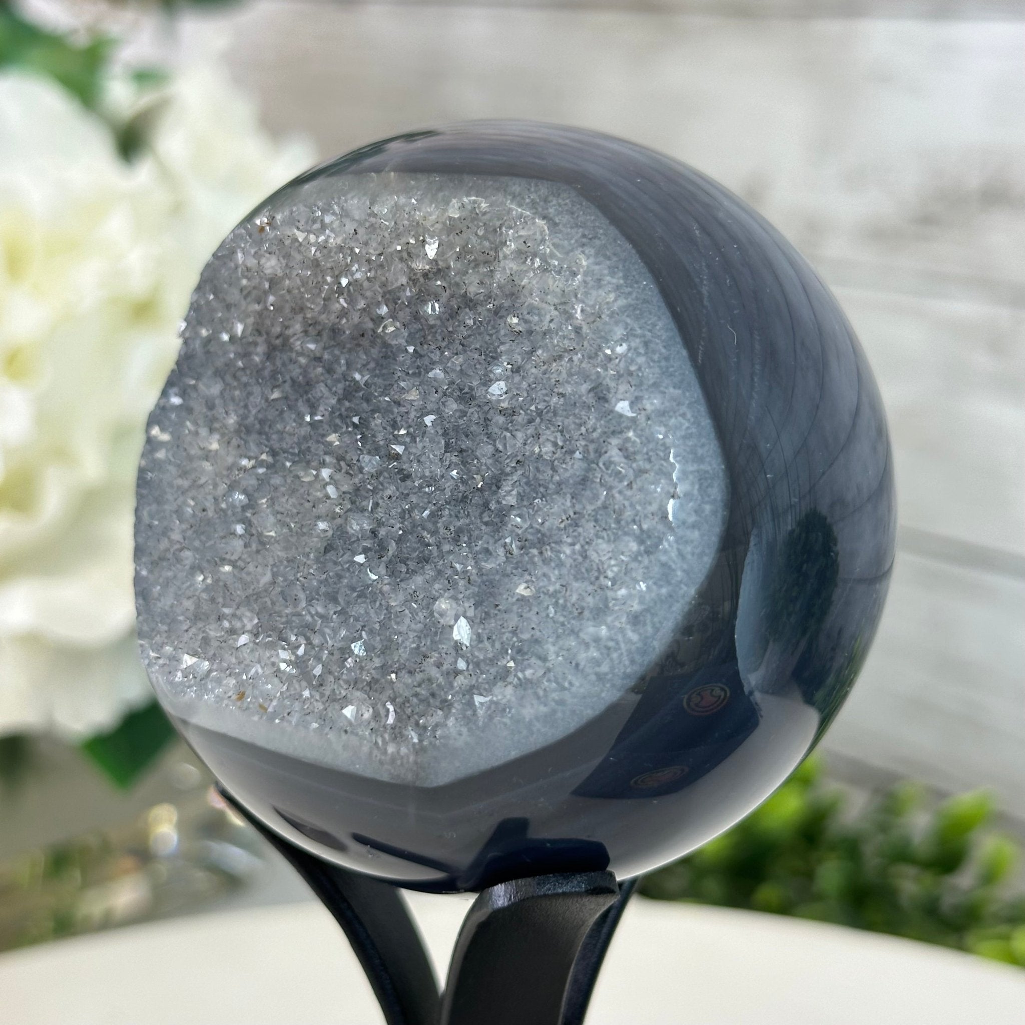 Druzy Agate Sphere on a Metal Stand, 1.3 lbs & 6.8" Tall #5634-0006 - Brazil GemsBrazil GemsDruzy Agate Sphere on a Metal Stand, 1.3 lbs & 6.8" Tall #5634-0006Spheres5634-0006