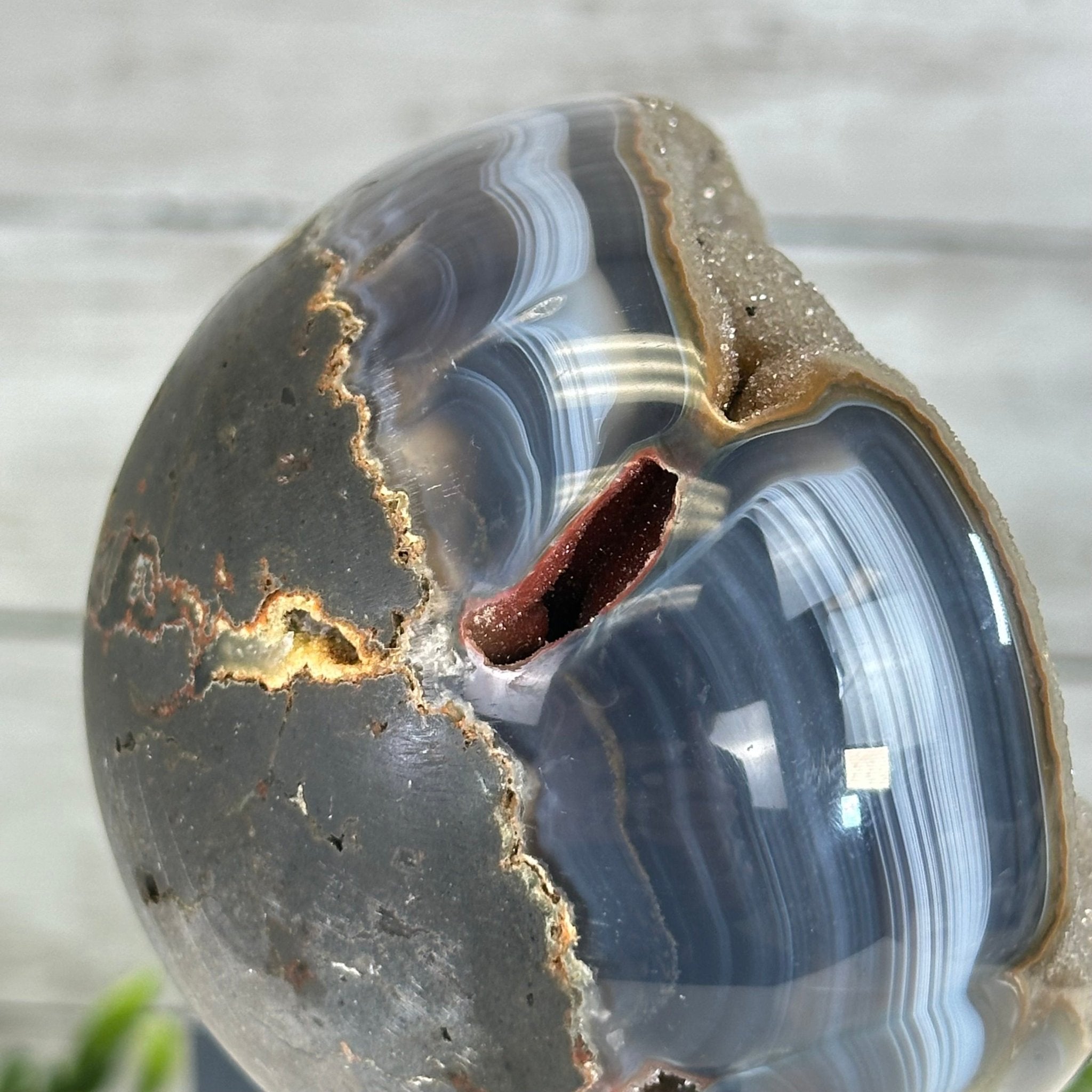Druzy Agate Sphere on a Metal Stand, 1.5 lbs & 7.2" Tall #5634-0008 - Brazil GemsBrazil GemsDruzy Agate Sphere on a Metal Stand, 1.5 lbs & 7.2" Tall #5634-0008Spheres5634-0008