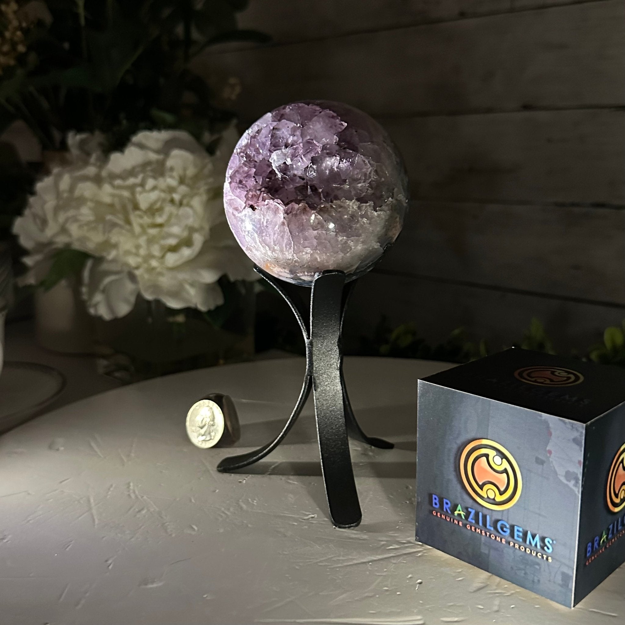 Druzy Amethyst Sphere on a Metal Stand, 1.3 lbs & 6.8" Tall #5630-0041 - Brazil GemsBrazil GemsDruzy Amethyst Sphere on a Metal Stand, 1.3 lbs & 6.8" Tall #5630-0041Spheres5630-0041